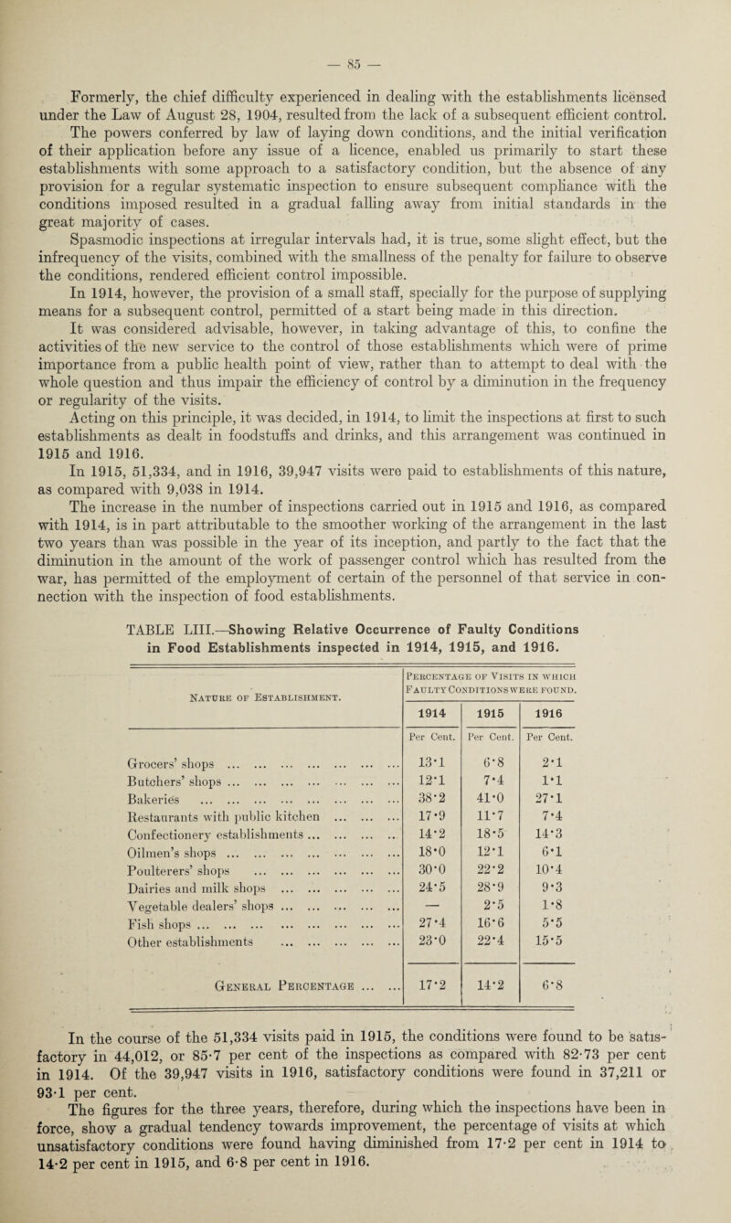 Formerly, the chief difficulty experienced in dealing with the establishments licensed under the Law of August 28, 1904, resulted from the lack of a subsequent efficient control. The powers conferred by law of laying down conditions, and the initial verification of their application before any issue of a licence, enabled us primarily to start these establishments with some approach to a satisfactory condition, but the absence of any provision for a regular systematic inspection to ensure subsequent compliance with the conditions imposed resulted in a gradual falling away from initial standards in the great majority of cases. Spasmodic inspections at irregular intervals had, it is true, some slight effect, but the infrequency of the visits, combined with the smallness of the penalty for failure to observe the conditions, rendered efficient control impossible. In 1914, however, the provision of a small staff, specially for the purpose of supplying means for a subsequent control, permitted of a start being made in this direction. It was considered advisable, however, in taking advantage of this, to confine the activities of the new service to the control of those establishments which were of prime importance from a public health point of view, rather than to attempt to deal with the whole question and thus impair the efficiency of control by a diminution in the frequency or regularity of the visits. Acting on this principle, it was decided, in 1914, to limit the inspections at first to such establishments as dealt in foodstuffs and drinks, and this arrangement was continued in 1915 and 1916. In 1915, 51,334, and in 1916, 39,947 visits were paid to establishments of this nature, as compared with 9,038 in 1914. The increase in the number of inspections carried out in 1915 and 1916, as compared with 1914, is in part attributable to the smoother working of the arrangement in the last two years than was possible in the year of its inception, and partly to the fact that the diminution in the amount of the work of passenger control which has resulted from the war, has permitted of the employment of certain of the personnel of that service in con¬ nection with the inspection of food establishments. TABLE LIII.—Showing Relative Occurrence of Faulty Conditions in Food Establishments inspected in 1914, 1915, and 1916. Nature of Establishment. Percentage of Visits in which Faulty Conditions were found. 1914 1915 1916 Grocers’ shops . Per Cent. 13-1 Per Cent. 6-8 Per Cent. 2*1 Butchers’ shops. 12-1 7*4 1*1 Bakeries . 38*2 41-0 27*1 Restaurants with public kitchen . 17-9 11*7 7-4 Confectionery establishments. 14*2 18*5 14*3 Oilmen’s shops . 18-0 12-1 6*1 Poulterers’ shops . 30*0 22-2 10*4 Dairies and milk shops . 24-5 28*9 9-3 Vegetable dealers’ shops. — 2-5 1*8 Fish shops. 27-4 16-6 5*5 Other establishments . 23*0 22*4 15-5 General Percentage . 17*2 14*2 6*8 In the course of the 51,334 visits paid in 1915, the conditions were found to be satis¬ factory in 44,012, or 85*7 per cent of the inspections as compared with 82-73 per cent in 1914. Of the 39,947 visits in 1916, satisfactory conditions were found in 37,211 or 93-1 per cent. The figures for the three years, therefore, during which the inspections have been in force, show a gradual tendency towards improvement, the percentage of visits at which unsatisfactory conditions were found having diminished from 17-2 per cent in 1914 to 14-2 per cent in 1915, and 6-8 per cent in 1916.