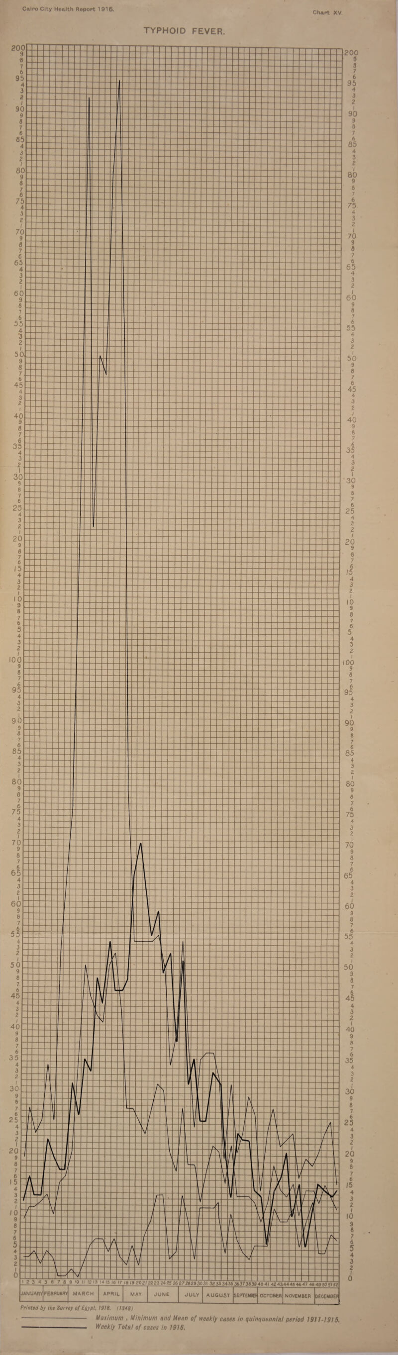 Chart XV TYPHOID FEVER. Maximum , Minimum and Mean of weekly cases in quinquennial period 1911-1915. Weekly Total of cases in 1916.