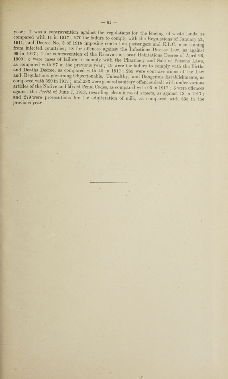 \ year ; 1 was a contravention against the regulations for the fencing of waste lands, as compared with 11 in 1917 , 270 for failure to comply with the Regulations of January 21, 1911, and Decree No; 3 of 1918 imposing control on passengers and E.L.C. men coming from infected countries , 18 for offences against the Infectious Disease Law, as against 69 in 1917 ; 1 for contravention of the Excavations near Habitations Decree of April 26, 1900; 5 were cases of failure to comply with the Pharmacy and Sale of Poisons Laws! as compared with 27 in the previous year ; 19 were for failure to comply with the Births and Deaths Decree, as compared with 40 in 1917 ; 265 were contraventions of the Law and Regulations governing Objectionable, Unhealthy, and Dangerous Establishments, as compared with 320 in 1917 , and 233 were general sanitary offences dealt with under various articles of the ^Native and Mixed Penal Codes, as compared with 95 in 1917 ; 5 were offences against the ArrHe of June 7, 1913, regarding cleanliness of streets, as against 13 in 1917 ; and 279 were prosecutions for the adulteration of milk, as compared with 835 in the previous year.