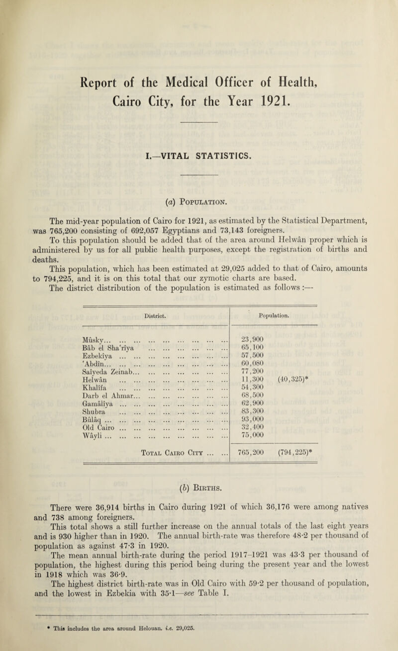 Report of the Medical Officer of Health, Cairo City, for the Year 1921. I.—VITAL STATISTICS. (a) Population. The mid-year population of Cairo for 1921, as estimated by the Statistical Department, was 765,200 consisting of 692,057 Egyptians and 73,143 foreigners. To this population should be added that of the area around Helwan proper which is administered by us for all public health purposes, except the registration of births and deaths. This population, which has been estimated at 29,025 added to that of Cairo, amounts to 794,225, and it is on this total that our zymotic charts are based. The district distribution of the population is estimated as follows :— District. Population. Musky. 23,900 Bab el Sha'riya . 65,100 Ezbekiya . 57,500 'Abdin. 60,080 Saiyeda Zeinab. 77,200 Helwan . 11,300 (40,325)* Khalifa . 54,300 Darb el Ahmar. 68,500 Gamaliya . 62,900 Shubra . 83,300 Bulaq. 93,000 Old Cairo. 32,400 Wayli. 75,000 Total Cairo City. 765,200 (794,225)* (b) Births. There were 36,914 births in Cairo during 1921 of which 36,176 were among natives and 738 among foreigners. This total shows a still further increase on the annual totals of the last eight years and is 930 higher than in 1920. The annual birth-rate was therefore 48*2 per thousand of population as against 47-3 in 1920. The mean annual birth-rate during the period 1917-1921 was 43-3 per thousand of population, the highest during this period being during the present year and the lowest in 1918 which was 36-9. The highest district birth-rate was in Old Cairo with 59-2 per thousand of population, and the lowest in Ezbekia with 35*1—see Table I. * This includes the area around Helouan. t.e. 29,025.