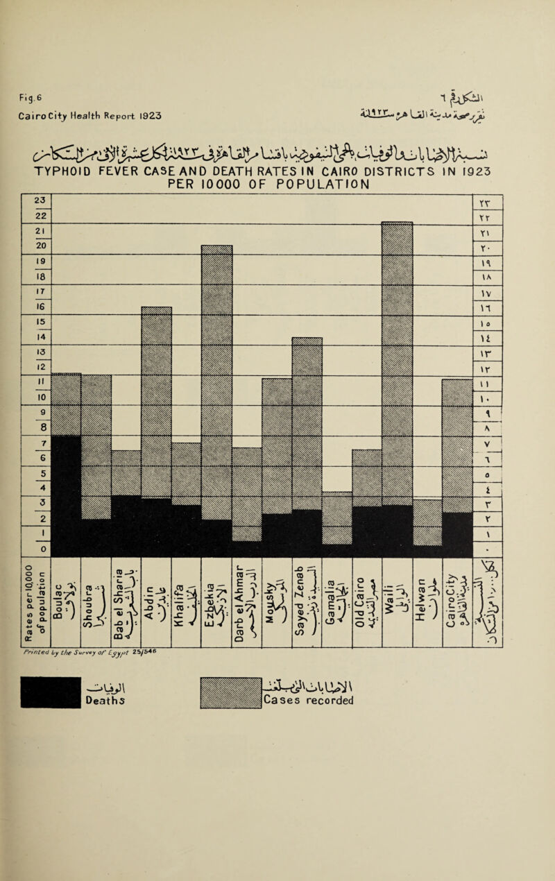 Fig. 6 Cairo City Health Report 1923 1 fLo&j' ^ LiJ' jaj TYPHOID FEVER CASE AND DEATH RATES IN CAIRO DISTRICTS IN 1923 PER 10000 OF POPULATION 23 YV 22 Yr 21 20 ■ Y* ■m Y- 19 18 ■ ft 1*1 \K 17 16 ■ ■fc W \T 15 14 H ■ ■jj 1 0 u 13 12 ■ ■k ■j ■ \r \r II 10 ■ ■ ■ B ■ Hj ■ ■j i1 \ • 9 8 jjj Hi ■ ■ ■j ■ ■j ■ \ .H A 7 6 | lip III ■ Bj ■| ■ ■ V i 5 4 3 2 1 0 1 1 ■ 1 ■ | ■ ■ ■ | 1 ■ 0 i r V \ Rates per 10,000 of population o ^ CO 7* 10 1] CO—> CO _3* u- oj -y> -O 111 CT> / 00 < C_JJ <0 CO • * 5 v 1* 3 Darb el Ahmar ¥) =i <u J. M sr) CO 7 Gamalia Old Cairo 0} So CairoCity 73 • > )h n Printed by the Survey of Egypt 25^546 _jup\