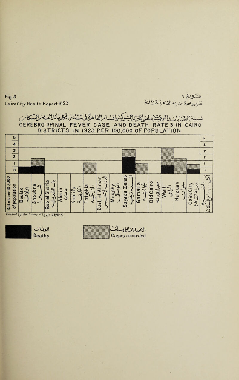 Fig 9 Cairo City Health Report 1923 CEREBROSPINAL FEVER CASE AND DEATH RATES IN CAIRO DISTRICTS IN 1923 PER 100,000 OF POPULATION 5 Printed by the Survey of Egypt 25/546