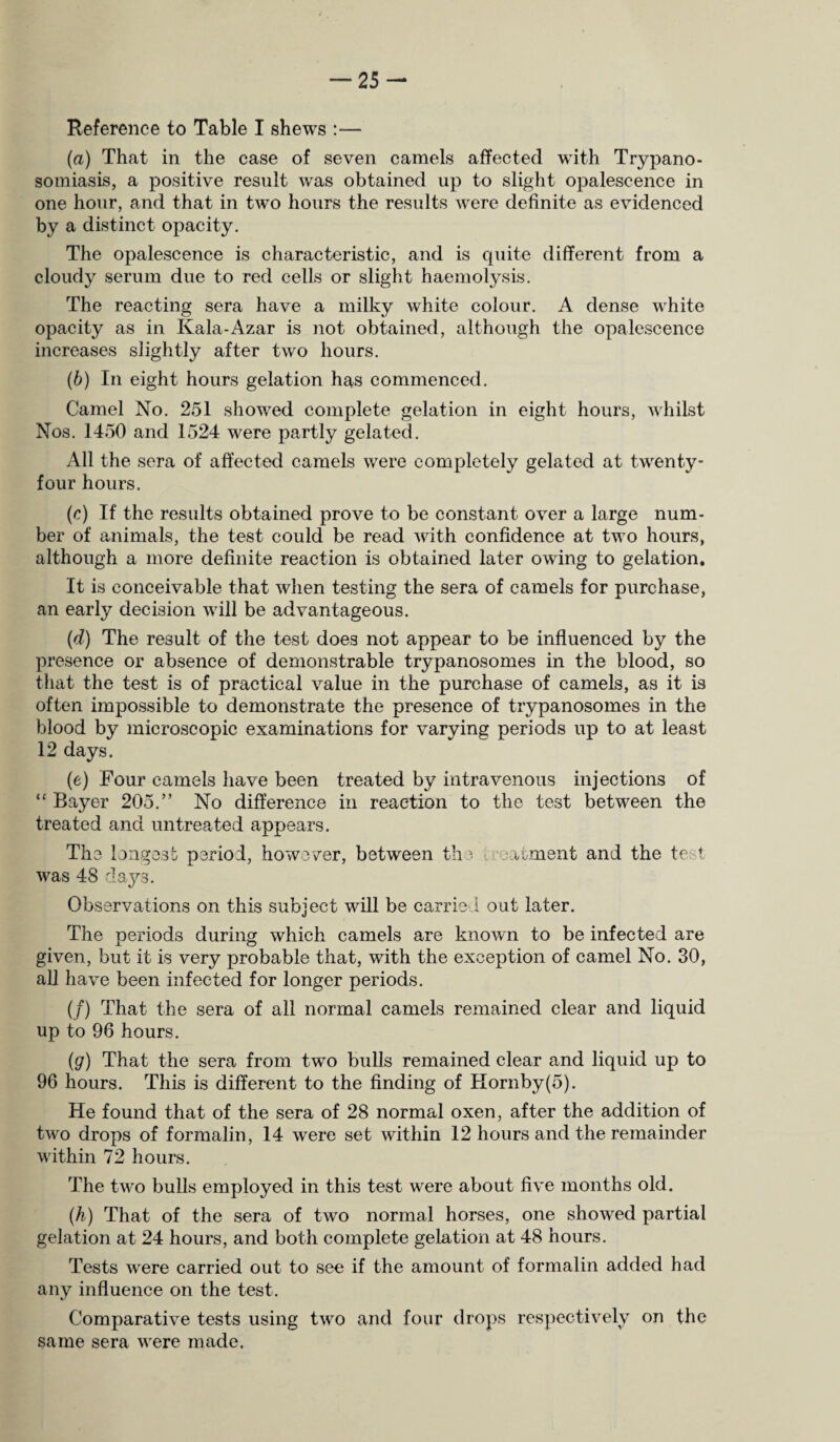 25- Reference to Table I shews :— (a) That in the case of seven camels affected with Trypano¬ somiasis, a positive result was obtained up to slight opalescence in one hour, and that in two hours the results were definite as evidenced by a distinct opacity. The opalescence is characteristic, and is quite different from a cloudy serum due to red cells or slight haemolysis. The reacting sera have a milky white colour. A dense white opacity as in Kala-Azar is not obtained, although the opalescence increases slightly after two hours. (b) In eight hours gelation has commenced. Camel No. 251 showed complete gelation in eight hours, whilst Nos. 1450 and 1524 were partly gelated. All the sera of affected camels were completely gelated at twenty- four hours. (c) If the results obtained prove to be constant over a large num¬ ber of animals, the test could be read with confidence at two hours, although a more definite reaction is obtained later owing to gelation. It is conceivable that when testing the sera of camels for purchase, an early decision will be advantageous. (d) The result of the test does not appear to be influenced by the presence or absence of demonstrable trypanosomes in the blood, so that the test is of practical value in the purchase of camels, as it is often impossible to demonstrate the presence of trypanosomes in the blood by microscopic examinations for varying periods up to at least 12 days. (e) Four camels have been treated by intravenous injections of “ Bayer 205.” No difference in reaction to the test between the treated and untreated appears. The longest period, however, between the eacment and the te t was 48 days. Observations on this subject will be carried out later. The periods during which camels are known to be infected are given, but it is very probable that, with the exception of camel No. 30, all have been infected for longer periods. (/) That the sera of all normal camels remained clear and liquid up to 96 hours. (g) That the sera from two bulls remained clear and liquid up to 96 hours. This is different to the finding of Hornby(5). He found that of the sera of 28 normal oxen, after the addition of two drops of formalin, 14 were set within 12 hours and the remainder within 72 hours. The two bulls employed in this test were about five months old. (h) That of the sera of two normal horses, one showed partial gelation at 24 hours, and both complete gelation at 48 hours. Tests were carried out to see if the amount of formalin added had any influence on the test. Comparative tests using two and four drops respectively on the same sera were made.