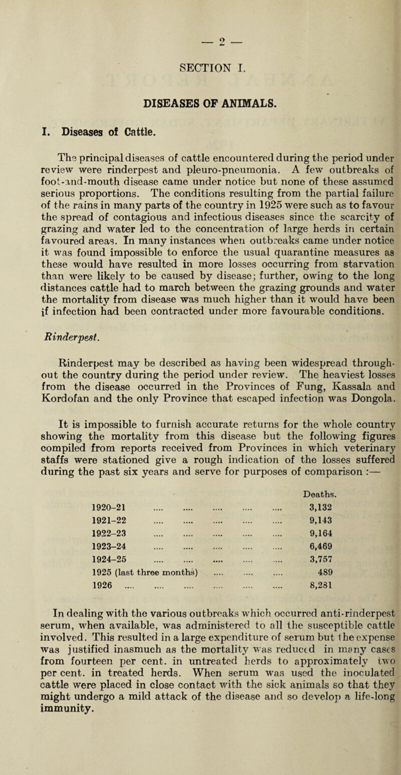 SECTION I. DISEASES OF ANIMALS. I. Diseases of Cattle. The principal diseases of cattle encountered during the period under review were rinderpest and pleuro-pneumonia. A few outbreaks of foot-and-mouth disease came under notice but none of these assumed serious proportions. The conditions resulting from the partial failure of the rains in many parts of the country in 1925 were such as to favour the spread of contagious and infectious diseases since the scarcity of grazing and water led to the concentration of large herds in certain favoured areas. In many instances when outbreaks came under notice it was found impossible to enforce the usual quarantine measures as these would have resulted in more losses occurring from starvation than were likely to be caused by disease; further, owing to the long distances cattle had to march between the grazing grounds and water the mortality from disease was much higher than it would have been if infection had been contracted under more favourable conditions. Rinderpest. Rinderpest may be described as having been widespread through¬ out the country during the period under review. The heaviest losses from the disease occurred in the Provinces of Fung, Kassala and Kordofan and the only Province that escaped infection was Dongola. It is impossible to furnish accurate returns for the whole country showing the mortality from this disease but the following figures compiled from reports received from Provinces in which veterinary staffs were stationed give a rough indication of the losses suffered during the past six years and serve for purposes of comparison :— Deaths. 1920- 21 3,132 1921- 22 9,143 1922- 23 .... . 9,164 1923- 24 6,469 1924- 25 3,757 1925 (last three months) .... .... .... 489 1926 . 8,281 In dealing with the various outbreaks which occurred anti-rinderpest serum, when available, was administered to all the susceptible cattle involved. This resulted in a large expenditure of serum but the expense was justified inasmuch as the mortality was reduced in many cases from fourteen per cent, in untreated herds to approximately two per cent, in treated herds. When serum was used the inoculated cattle were placed in close contact with the sick animals so that they might undergo a mild attack of the disease and so develop a life-long immunity.