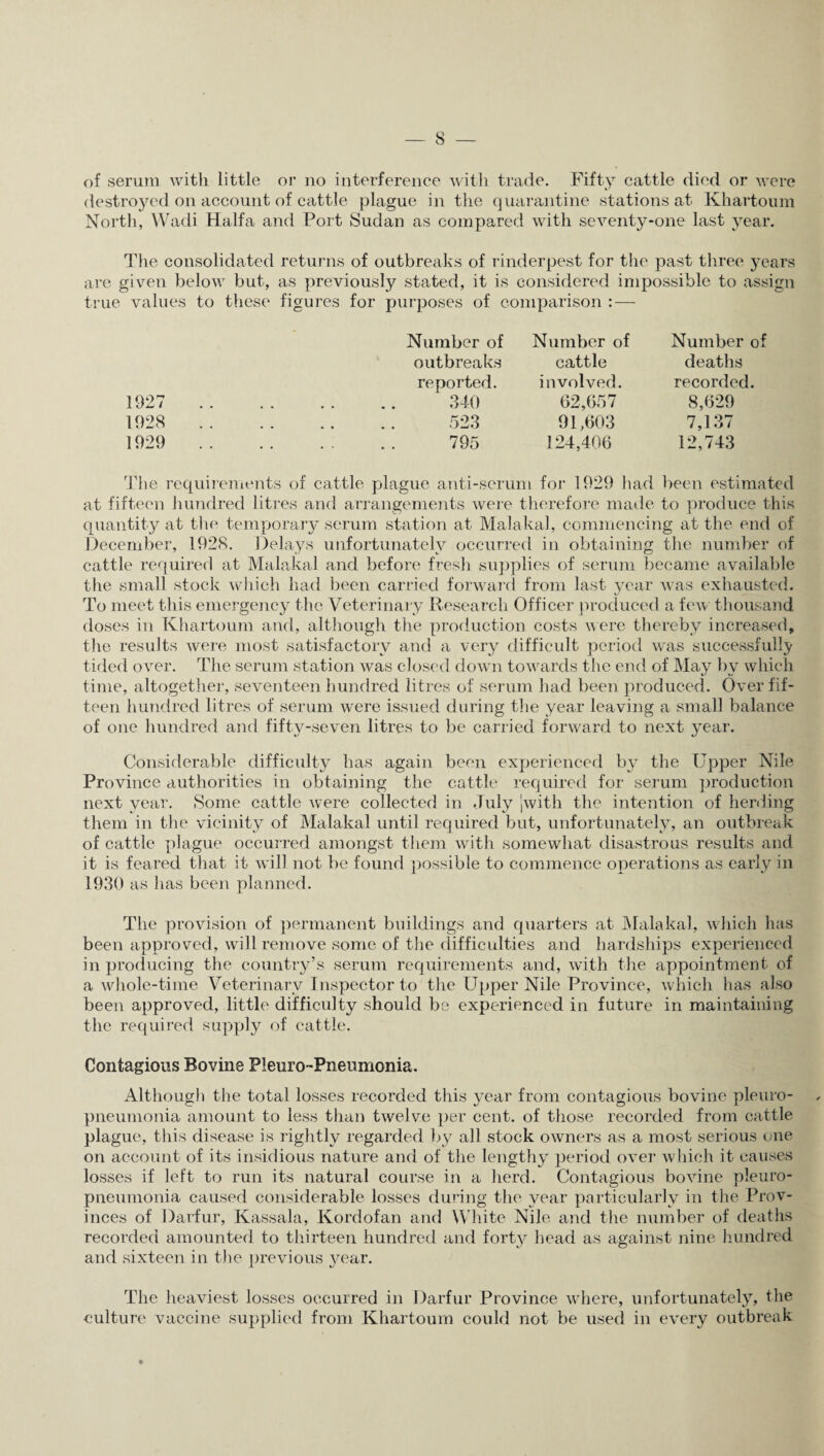 of serum with little or no interference with trade. Fifty cattle died or were destroyed on account of cattle plague in the quarantine stations at Khartoum North, Wadi Haifa and Port Sudan as compared with seventy-one last year. The consolidated returns of outbreaks of rinderpest for the past three years are given below but, as previously stated, it is considered im possible to assign true values to these figures for purposes of comparison : — Number of Number of Number of outbreaks cattle deaths reported. involved. recorded. 1927 340 62,657 8,629 1928 523 91,603 7,137 1929 795 124,406 12,743 The requirements of cattle plague anti-serum for 1929 had been estimated at fifteen hundred litres and arrangements were therefore made to produce this quantity at the temporary serum station at Malakal, commencing at the end of December, 1928. Delays unfortunately occurred in obtaining the number of cattle required at Malakal and before fresh supplies of serum became available the small stock which had been carried forward from last year was exhausted. To meet this emergency the Veterinary Research Officer produced a few thousand doses in Khartoum and, although the production costs were thereby increased, the results were most satisfactory and a very difficult period was successfully tided over. The serum station was closed down towards the end of May by which time, altogether, seventeen hundred litres of serum had been produced. Over fif¬ teen hundred litres of serum were issued during the year leaving a small balance of one hundred and fifty-seven litres to be carried forward to next yTear. Considerable difficulty has again been experienced by the Upper Nile Province authorities in obtaining the cattle required for serum production next year. Some cattle were collected in July jwith the intention of herding them in the vicinity of Malakal until required but, unfortunately, an outbreak of cattle plague occurred amongst them with somewhat disastrous results and it is feared that it will not be found possible to commence operations as early in 1930 as has been planned. The provision of permanent buildings and quarters at Malakal, which has been approved, will remove some of the difficulties and hardships experienced in producing the country’s serum requirements and, with the appointment of a whole-time Veterinary Inspector to the Upper Nile Province, which has also been approved, little difficulty should be experienced in future in maintaining the required supply of cattle. Contagious Bovine Pleuro-Pneumonia. Although the total losses recorded this year from contagious bovine pleuro¬ pneumonia amount to less than twelve per cent, of those recorded from cattle plague, this disease is rightly regarded by all stock owners as a most serious one on account of its insidious nature and of the lengthy period over which it causes losses if left to run its natural course in a herd. Contagious bovine pleuro¬ pneumonia caused considerable losses during the year particularly in the Prov¬ inces of Darfur, Kassala, Kordofan and White Nile and the number of deaths recorded amounted to thirteen hundred and forty head as against nine hundred and sixteen in the previous }^ear. The heaviest losses occurred in Darfur Province where, unfortunately, the culture vaccine supplied from Khartoum could not be used in every outbreak