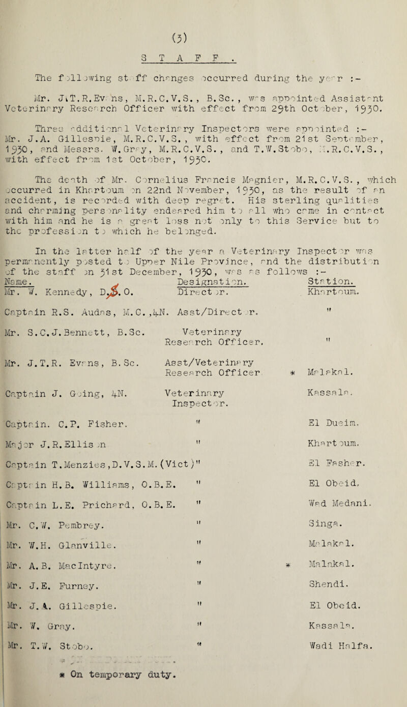 O) STAFF The following st ff changes occurred, during the ye:~r Mr. Jit.R.Evens, M.R.C.V.S., B.Sc., was appointed Assistant Veterinary Research Officer with effect from 29th Oct ober, IJJ'O. Three additional Veterinary Inspectors were appointed :- Mr. J.A. Gillesoie, M.R.C.V.S,, with effect from 21st September, 1JJO, end Messrs. W.Gray, M.R.C.V.S., and T.W.Stobo, M.R.C.V.S., with effect from 1st October, 1JJQ. The death of Mr. Cornelius Francis Magnier, M.R.C.V.S., which occurred in Khartoum on 22nd November, 193'0> as the result of an accident, is recorded with deep regret. Kis sterling qualities and charming personality endeared him to all who came in contact with him and he is a great loss not only to this Service but to the profession to which he belonged. In the latter half of the year a Veterinary Inspect or was permanently posted to Upper Nile Province, and the distribution of the staff on st December, 13 30 > was as follows Name. . Designation. Stca t ion. Mr. W. Kennedy, D^p. 0. Director. Khartoum. Captain R.S. Audns, M.C.,!fN. Asst/Direct or. ,f Mr. S.C.J.Bennett, B.Sc. Veterinary Research Officer. Mr. J.T.R. Evans, B.Sc. Asst/Veterinary Research Officer Captain J. Going, IfN. Veterinary Inspect or. Captain. C.P. Fisher. u Mayor J.R.Ellis on  Captain T.Menzies ,D. V. S. M. (Viet)” Captain H. B. Williams, O.B.E. 11 Captain L.E. Prichard, O.B.E. n Mr. c. W. Pembrey. Mr. w. H. Glanville. Mr, A. B. Mac Intyre. Mr. J. E. Furney. Mr. J. K, Gillespie. Mr. w. Gray. Mr. T. w. Stobo. # On temporary duty. u * Maleknl. Kassala. El Dueim, Khart oum. El Fasher. El Obeid. Wad Medani. Singa. Mrlaka1. * Malakal. Shendi. El Obeid. Kassala. ID Wadi Haifa.