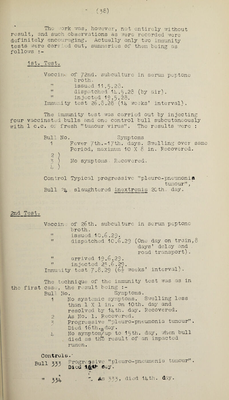 (}8) The nark 7/as, however, not entirely without result, and such observations as were recorded were definitely encouraging. Actually only two immunity tests were carried out, summaries of them being as follows 1st, Test, Vaccinv of 72nd. subculture in serum peptone bro th- issued 11.5.28.  dispatched Id.a.28 (by air).  injected 13.5,28. Iimtiunity test 26 .8.28 (Ik v/coks ’ intorval) , The immunity test was carried out by injecting four vaccinated bulls and one control bull subcutaneously with 1 c.c, of fresh tumour virus. The results were : Bull No, Symptoms 1 Fever /th.-l/th. days. Swelling over same Period, maximum 10 X 8 in, Recovered. 2 ) ~ ) No symptoms. Recovered. L ) 1 / Control Typical progressive pieuro-pneumonia tumour,' Bull PI;. . slaughtered inextrends 20th, day. 2nd Test. Vaccine of 26th. subculture in scrum peptone broth,  issued 10.6.29*  dispatched 10.6.23 (One day on train,8 days* 1 2 delay and . road transport),  arrived 19.6.29.  injected 25.6.23. Immunity test 7.6.23 (6y weeks’ interval). The technique of the immunity test was as in the first case, the result being :- Bull No. Symptoms. 1 No systemic symptoms. Swelling less than 1X1 in. on 10th. day and resolved by Ikth, day. Recovered. 2 As No. 1. Recovered. 5 Progressive pieuro-pneumonia tumour. Died 16th.sday. L No symptom/up to 15th. day, when bull died as the result' of an impacted rumen. Controls.* 555 Progressive pleuro—pneumonia Died l.fei*' Cay. tumour.