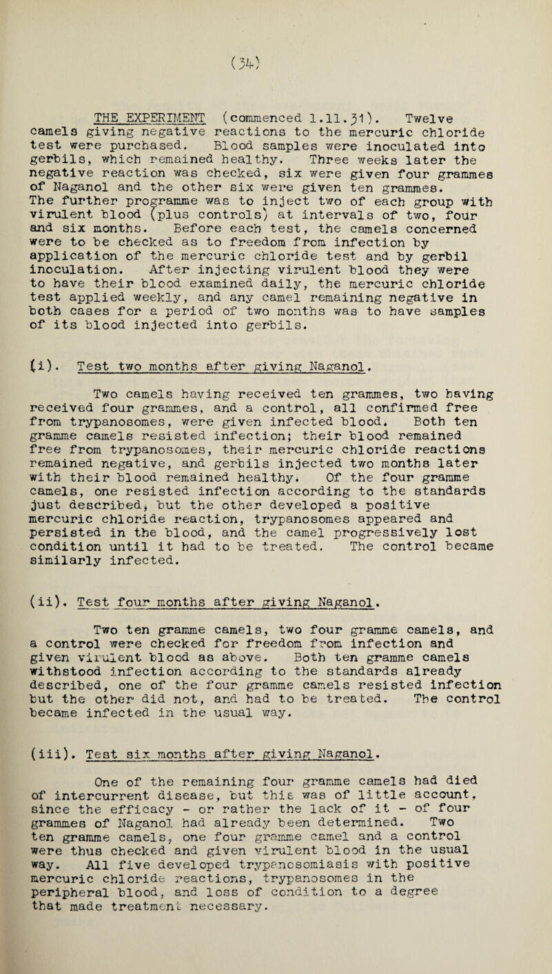 04) THE EXPERIMENT (commenced 1.11.^1). Twelve camels giving negative reactions to the mercuric chloride test were purchased. Blood samples were inoculated into gerbils, which remained healthy. Three weeks later the negative reaction was checked, six were given four grammes of Naganol and the other six were given ten grammes. The further programme was to inject two of each group with virulent blood (plus controls) at intervals of two, four and six months. Before each test, the camels concerned were to he checked as to freedom from infection by application of the mercuric chloride test and by gerbil inoculation. After injecting virulent blood they were to have their hlood examined daily, the mercuric chloride test applied weekly, and any camel remaining negative in hctb cases for a period of two months was to have samples of its blood injected into gerbils. (i). Test two months after giving Naganol. Two camels having received ten grammes, two having received four grammes, and a control, all confirmed free from trypanosomes, were given infected hlood* Both ten gramme camels resisted infection; their blood remained free from trypanosomes, their mercuric chloride reactions remained negative, and gerbils injected two months later with their hlood remained healthy. Of the four gramme camels, one resisted infection according to the standards just described* but the other developed a positive mercuric chloride reaction, trypanosomes appeared and persisted in the blood, and the camel progressively lost condition until it had to be treated. The control became similarly infected. (ii). Test four months after giving Naganol. Two ten gramme camels, two four gramme camels, and a control were checked for freedom from infection and given virulent blood as above. Both ten gramme camels withstood infection according to the standards already described, one of the four gramme camels resisted infection but the other did not, and had to he treated. The control became infected in the usual way. (iii). Test six months after giving Naganol* One of the remaining four gramme camels had died of intercurrent disease, hut this was of little account, since the efficacy - or rather the lack of it - of four grammes of Naganol had already been determined. Two ten gramme camels, one four gramme camel and a control were thus checked and given virulent blood in the usual way. All five developed trypanosomiasis with positive mercuric chloride reactions, trypanosomes in the peripheral blood, and loss of condition to a degree that made treatment necessary.