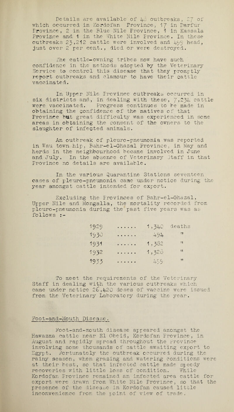 Details are available of Iff outbreaks, 2J of which occurred in Kordofan Province, 17 in Darfur Province, 2 in the Blue Nile Province, 1 in Kassala Province and 1 in the White Nile Province. In these outbreaks 23,212 cattle were involved and 4.93 head, just over 2 per cent., died or were destroyed. the eattie—owning tribes now have such confidence in the methods adopted by the Veterinary Service to control this disease that they promptly report outbreaks and clamour to have their cattle vaccinated. In Upper Nile Province outbreaks occurred in six districts and, in dealing with these, 7,23L cattle were vaccinated. Progress continues to be made in obtaining the confidence of the natives of that Province but great difficulty was experienced in seme areas in obtaining the consent of the owners to the slaughter of infected animals. An outbreak of pleuro-pneumonia was reported in Wau town hip, Bahr-e 1-G-hazal Province, in May and herds in the neighbourhood became involved in June and July. In the absence of Veterinary Staff in that Province no details are available. In the various Quarantine Stations seventeen cases of pleuro-pneumonia came under notice during the year amongst cattle intended for export. Excluding the Provinces of Bahr~e 1-G-hazal, Upper Nile and Mongalla, the mortality recorded from pleuro-pneumonia during the past five years was as follows 1929 1,34C deaths 1930 2-94 1931 1,332 M 1932 • 0 e « • • 1,3 2(3 It 1953 «*•••• 499 It To meet the requirements of the Veterinary Staff in dealing with the various outbreaks which came under notice 2b,if20 doses of vaccine were issued from the Veterinary Laboratory during the year. Poot-and-Mouth Disease, Foot-and-mouth disease appeared amongst the Hawazma cattle near El Obcid, Kordofan Province, in August and rapidly spread throughout the Province involving some thousands of cattle awaiting export to Egypt. Fortunately the outbreak occurred during the rainy season, when grazing and watering conditions were at their best, so that infected cattle made speedy recoveries with little loss of condition. While Kordofan Province remained an infected area cattle for expert were drawn from White Nile Province, so that the presence of the disease in Kordofan caused little inconvenience from the point of view of trade.