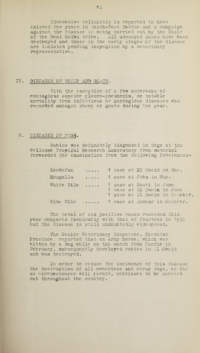 10 Ulcerative cellulitis is reported to have existed for years in -South-West Darfur and a campaign against the disease is being carried out by the Nazir of the Beni Helba tribe. All advanced cases have been destroyed and those in the early stages of the disease are isolated pending inspection by a veterinary representative. IV. DISEASES OF SHEEP AND GOATS. With the exception of a few outbreaks of contagious caprine pleuro-pneumonia, no notable mortality from infectious or contagious diseases was recorded amongst sheep or goats during the year. V. DISEASES OF DOGS, Rabies was definitely diagnose I in dogs at the Wellcome Tropical Research Laboratory from material forwarded for examination from the following Provinces Kordofan . 1 case at El Obeid in May. Mongalla ..... 1 case at Juba in May. White Nile . 1 case at Kosti in June 1 case at El Dueim in June 1 case at El Dueim in October. Blue Nile . 1 case at Sennar in October. The total of six positive cases recorded this year compares favourably with that of fourteen in 19^2 but the disease is still undoubtedly widespread. The Senior Veterinary Inspector, Kordofan Province, reported that an Army horse, which was bitten by a dog while on the march from Darfur in February, subsequently developed rabies in El Obeid and was destroyed. In order to reduce the incidence of this disease the destruction of all ownerless and stray dogs, as far as circumstances will permit, continues to be carried out throughout the country.