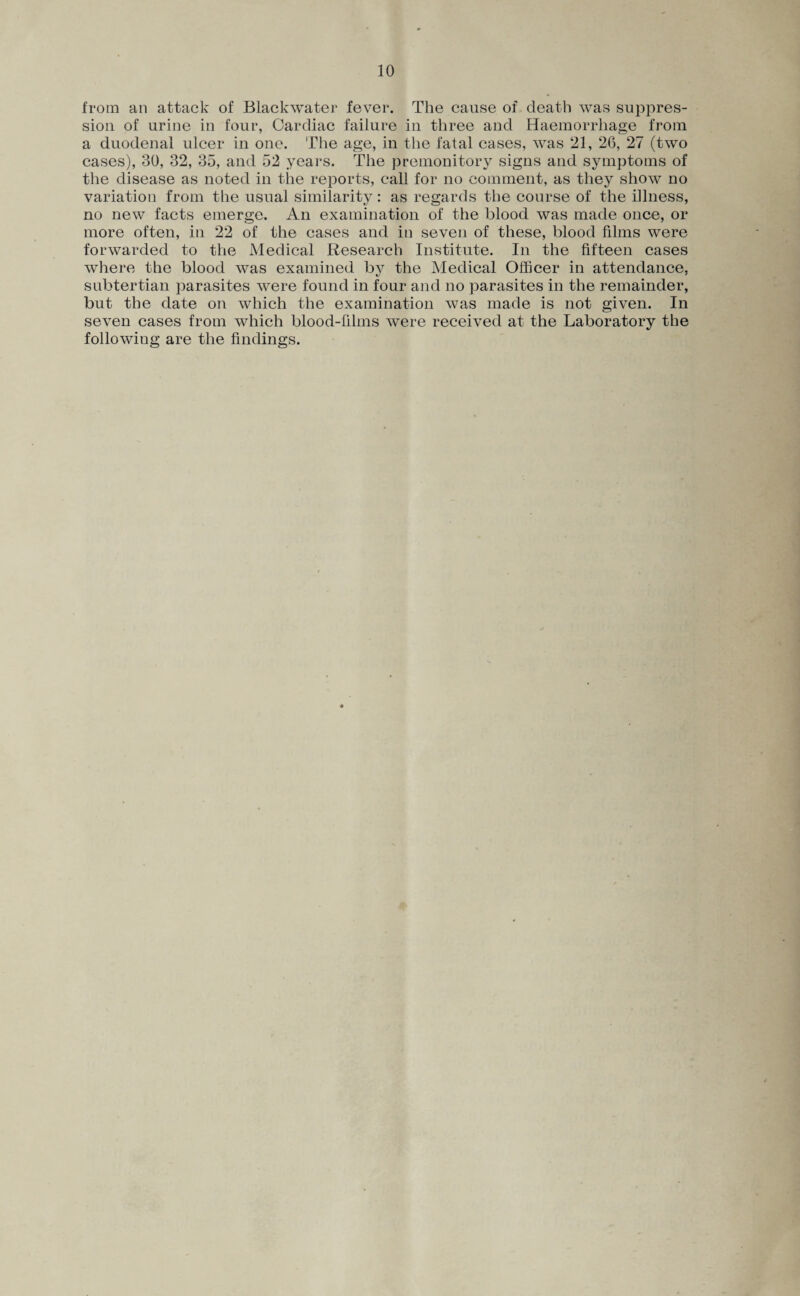 from an attack of Blackwater fever. The cause of death was suppres¬ sion of urine in four, Cardiac failure in three and Haemorrhage from a duodenal ulcer in one. The age, in the fatal cases, was 21, 26, 27 (two cases), 30, 32, 35, and 52 years. The premonitory signs and symptoms of the disease as noted in the reports, call for no comment, as they show no variation from the usual similarity: as regards the course of the illness, no new facts emerge. An examination of the blood was made once, or more often, in 22 of the cases and in seven of these, blood films were forwarded to the Medical Research Institute. In the fifteen cases where the blood was examined by the Medical Officer in attendance, subtertian parasites were found in four and no parasites in the remainder, but the date on which the examination was made is not given. In seven cases from which blood-films were received at the Laboratory the following are the findings.