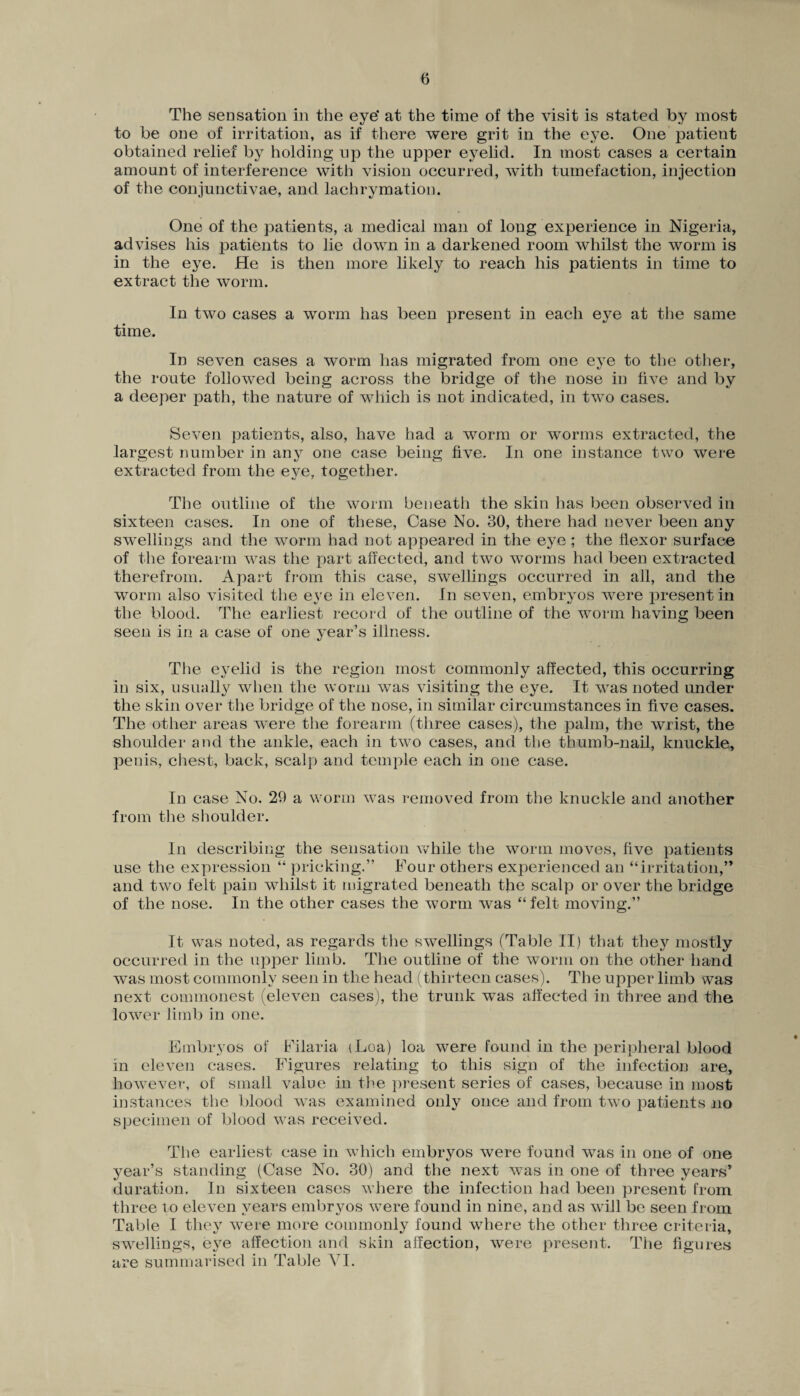 The sensation in the eye* at the time of the visit is stated by most to be one of irritation, as if there were grit in the eye. One patient obtained relief by holding np the upper eyelid. In most cases a certain amount of interference with vision occurred, with tumefaction, injection of the conjunctivae, and lachrymation. One of the patients, a medical man of long experience in Nigeria, advises his patients to lie down in a darkened room whilst the worm is in the eye. He is then more likely to reach his patients in time to extract the worm. In two cases a worm has been present in each eye at the same time. In seven cases a worm has migrated from one eye to the other, the route followed being across the bridge of the nose in five and by a deeper path, the nature of which is not indicated, in two cases. Seven patients, also, have had a worm or worms extracted, the largest number in any one case being five. In one instance two were extracted from the eye, together. The outline of the worm beneath the skin has been observed in sixteen cases. In one of these, Case No. 30, there had never been any swellings and the worm had not appeared in the eye ; the flexor surface of the forearm was the part affected, and two worms had been extracted therefrom. Apart from this case, swellings occurred in all, and the worm also visited the eye in eleven. In seven, embryos were present in the blood. The earliest record of the outline of the worm having been seen is in a case of one year’s illness. The eyelid is the region most commonly affected, this occurring in six, usually when the worm was visiting the eye. It was noted under the skin over the bridge of the nose, in similar circumstances in five cases. The other areas were the forearm (three cases), the palm, the wrist, the shoulder and the ankle, each in two cases, and the thumb-nail, knuckle, penis, chest, back, scalp and temple each in one case. In case No. 29 a worm was removed from the knuckle and another from the shoulder. In describing the sensation while the worm moves, five patients use the expression “ pricking.” Four others experienced an “irritation,” and two felt pain whilst it migrated beneath the scalp or over the bridge of the nose. In the other cases the worm was “felt moving.” It was noted, as regards the swellings (Table II) that they mostly occurred in the upper limb. The outline of the worm on the other hand was most commonly seen in the head (thirteen cases). The upper limb was next commonest (eleven cases), the trunk was affected in three and the lower limb in one. Embryos of Fiiaria (Loa) loa were found in the peripheral blood in eleven cases. Figures relating to this sign of the infection are, however, of small value in the present series of cases, because in most instances the blood was examined only once and from two patients no specimen of blood was received. The earliest case in which embryos were found was in one of one year’s standing (Case No. 30) and the next was in one of three years* duration. In sixteen cases where the infection had been present from three to eleven years embryos were found in nine, and as will be seen from Table I they were more commonly found where the other three criteria, swellings, eye affection and skin affection, were present. The figures are summarised in Table VI.