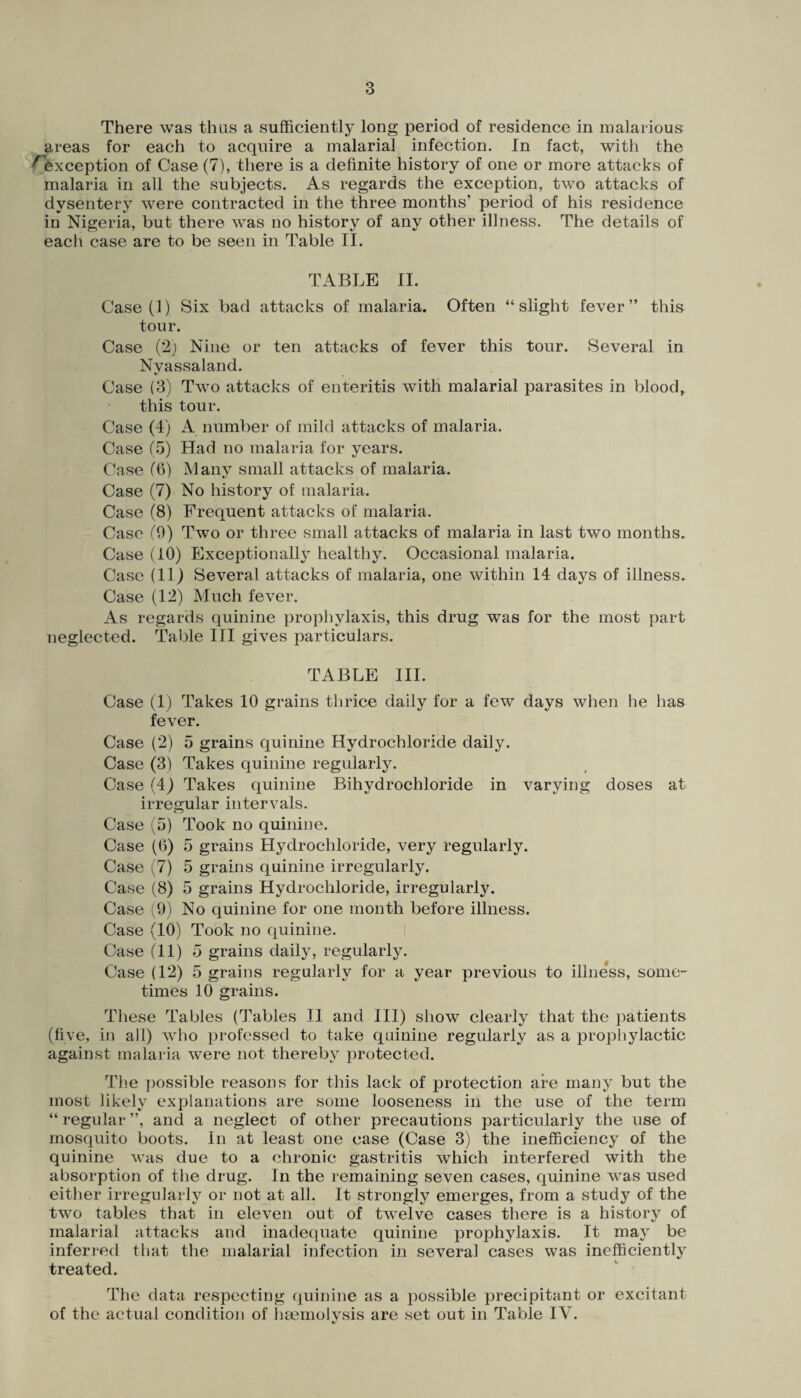 There was thus a sufficiently long period of residence in malarious areas for each to acquire a malarial infection. In fact, with the exception of Case (7), there is a definite history of one or more attacks of malaria in all the subjects. As regards the exception, two attacks of dysentery were contracted in the three months’ period of his residence in Nigeria, but there was no history of any other illness. The details of each case are to be seen in Table II. TABLE II. Case (1) Six bad attacks of malaria. Often “slight fever” this tour. Case (2) Nine or ten attacks of fever this tour. Several in Nvassaland. «/ , Case (3) Two attacks of enteritis with malarial parasites in blood, this tour. Case (4) A number of mild attacks of malaria. Case (5) Had no malaria for years. Case (6) Many small attacks of malaria. Case (7) No history of malaria. Case (8) Frequent attacks of malaria. Case (9) Two or three small attacks of malaria in last two months. Case (10) Exceptionally healthy. Occasional malaria. Case (11) Several attacks of malaria, one within 14 days of illness. Case (12) Much fever. As regards quinine prophylaxis, this drug was for the most part neglected. Table III gives particulars. TABLE III. Case (1) Takes 10 grains thrice daily for a few days when he lias fever. Case (2) 5 grains quinine Hydrochloride daily. Case (3) Takes quinine regularly. Case (4) Takes quinine Bihydrochloride in varying doses at irregular intervals. Case (5) Took no quinine. Case (6) 5 grains Hydrochloride, very regularly. Case (7) 5 grains quinine irregularly. Case (8) 5 grains Hydrochloride, irregularly. Case (9) No quinine for one month before illness. Case (10) Took no quinine. Case (11) 5 grains daily, regularly. Case (12) 5 grains regularly for a year previous to illness, some¬ times 10 grains. These Tables (Tables II and III) show clearly that the patients (five, in all) who professed to take quinine regularly as a prophylactic against malaria were not thereby protected. The possible reasons for this lack of protection are many but the most likely explanations are some looseness in the use of the term “ regular ”, and a neglect of other precautions particularly the use of mosquito boots. In at least one case (Case 3) the inefficiency of the quinine was due to a chronic gastritis which interfered with the absorption of the drug. In the remaining seven cases, quinine was used either irregularly or not at all. It strongly emerges, from a study of the two tables that in eleven out of twelve cases there is a history of malarial attacks and inadequate quinine prophylaxis. It may be inferred that the malarial infection in several cases was inefficiently treated. The data respecting quinine as a possible precipitant or excitant of the actual condition of haemolysis are set out in Table IV.