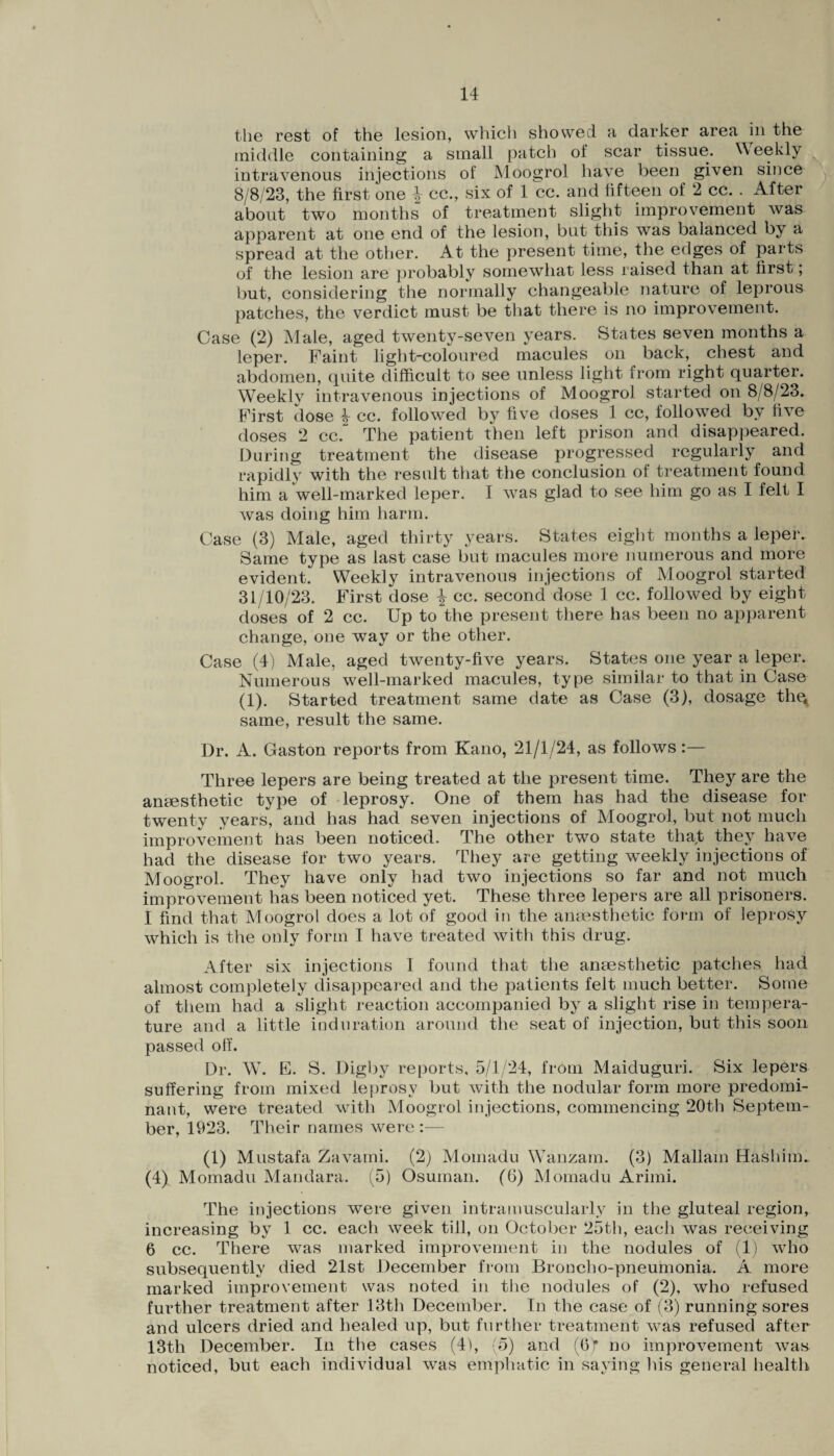 the rest of the lesion, which showed a darker area in the middle containing a small patch of scar tissue. Weekly intravenous injections of Moogrol have been given since ^ 8/8/23, the first one \ cc., six of 1 cc. and fifteen of 2 cc. . After about two months of treatment slight improvement was apparent at one end of the lesion, but this was balanced by a spread at the other. At the present time, the edges of parts of the lesion are probably somewhat less raised than at first; but, considering the normally changeable nature of leprous patches, the verdict must be that there is no improvement. Case (2) Male, aged twenty-seven years. States seven months a leper. Faint light-coloured macules on back, chest and abdomen, quite difficult to see unless light from right quarter. Weekly intravenous injections of MoogroJ started on 8/8/23. First dose \ cc. followed by five doses 1 cc, followed by five doses 2 cc.” The patient then left prison and disappeared. During treatment the disease progressed regularly and rapidly with the result that the conclusion of treatment found him a well-marked leper. I w7as glad to see him go as I felt I was doing him harm. Case (3) Male, aged thirty years. States eight months a leper. Same type as last case but macules more numerous and more evident. Weekly intravenous injections of Moogrol started 31/10/23. First dose \ cc. second dose 1 cc. followed by eight doses of 2 cc. Up to the present there has been no apparent change, one way or the other. Case (4) Male, aged twenty-five years. States one year a leper. Numerous well-marked macules, type similar to that in Case (1). Started treatment same date as Case (3), dosage the* same, result the same. Dr. A. Gaston reports from Kano, 21/1/24, as follows:— Three lepers are being treated at the present time. They are the anaesthetic type of leprosy. One of them has had the disease for twenty years, and has had seven injections of Moogrol, but not much improvement has been noticed. The other two state that they have had the disease for two years. They are getting weekly injections of Moogrol. They have only had two injections so far and not much improvement has been noticed yet. These three lepers are all prisoners. I find that Moogrol does a lot of good in the anaesthetic form of leprosy which is the only form I have treated with this drug. After six injections I found that the anaesthetic patches had almost completely disappeared and the patients felt much better. Some of them had a slight reaction accompanied by a slight rise in tempera¬ ture and a little induration around the seat of injection, but this soon passed off. Dr. W. E. S. Digby reports, 5/1/24, from Maiduguri. Six lepers suffering from mixed leprosy but with the nodular form more predomi¬ nant, were treated with Moogrol injections, commencing 20th Septem¬ ber, 1923. Their names were :— (1) Mustafa Zavami. (2) Momadu Wanzam. (3) Mallam Hashiim (4) Momadu Mandara. (5) Osuman. (6) Momadu Arimi. The injections were given intramuscularly in the gluteal region, increasing by 1 cc. each week till, on October 25th, each was receiving 6 cc. There was marked improvement in the nodules of (1) who subsequently died 21st December from Broncho-pneumonia. A more marked improvement was noted in the nodules of (2), who refused further treatment after 13th December. In the case of (3) running sores and ulcers dried and healed up, but further treatment was refused after 13th December. In the cases (4), (5) and (6/r no improvement was noticed, but each individual wras emphatic in saying his general health