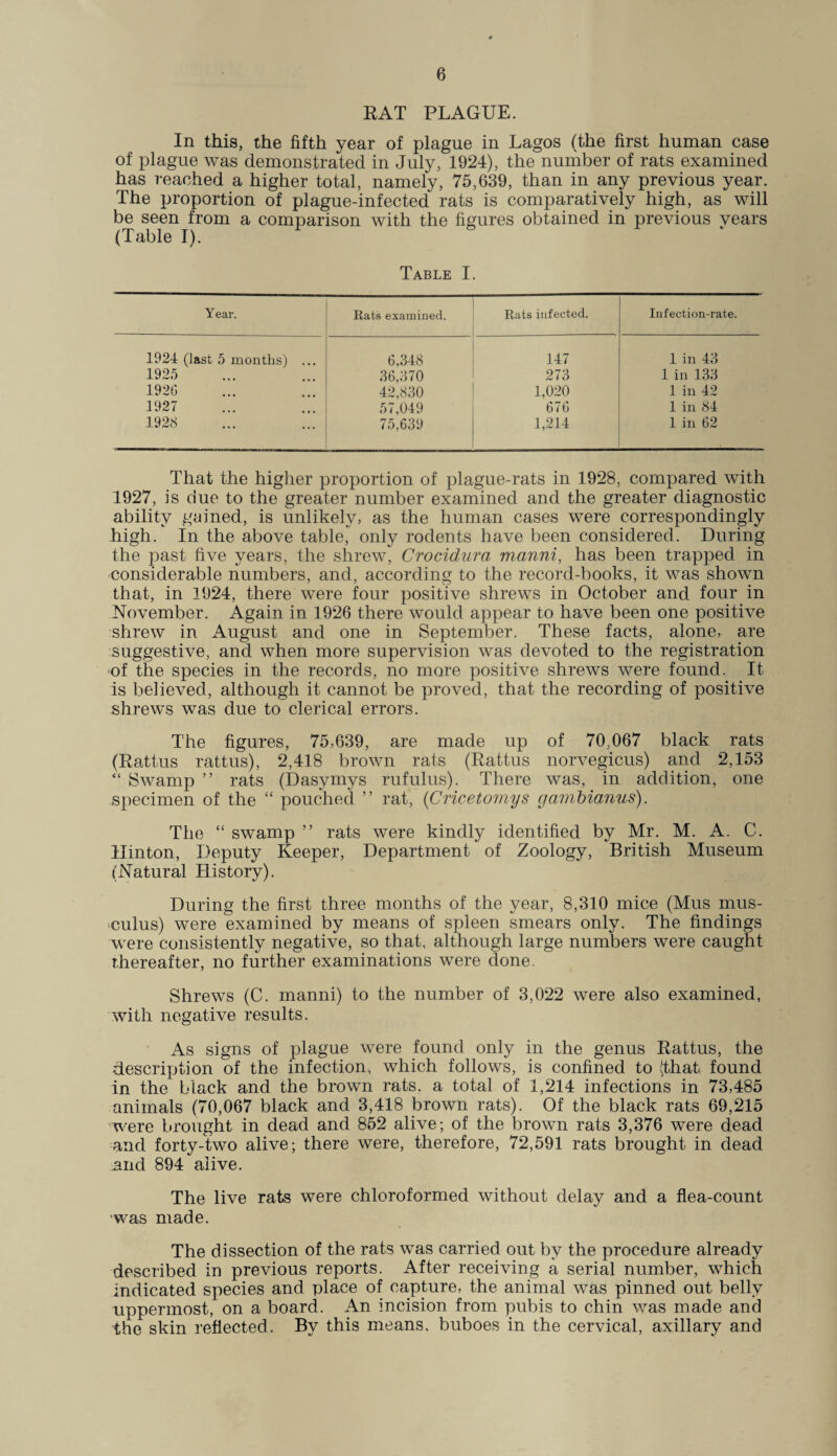 RAT PLAGUE. In this, the fifth year of plague in Lagos (the first human case of plague was demonstrated in July, 1924), the number of rats examined has reached a higher total, namely, 75,639, than in any previous year. The proportion of plague-infected rats is comparatively high, as will be seen from a comparison with the figures obtained in previous years (Table I). Table I. Year. Rats examined. Rats infected. Infection-rate. 1924 (last 5 months) ... 6,318 117 1 in 13 1925 36,370 273 1 in 133 1926 42,830 1,020 1 in 12 1927 57,019 676 1 in 81 1928 75,639 1,211 1 in 62 That the higher proportion of plague-rats in 1928. compared with 1927, is due to the greater number examined and the greater diagnostic ability gained, is unlikely, as the human cases were correspondingly high. In the above table, only rodents have been considered. During the past five years, the shrew, Crocidura vianni, has been trapped in considerable numbers, and, according to the record-books, it was shown that, in 1924, there were four positive shrews in October and four in November. Again in 1926 there would appear to have been one positive shrew in August and one in September. These facts, alone, are suggestive, and when more supervision was devoted to the registration of the species in the records, no more positive shrews were found. It is believed, although it cannot be proved, that the recording of positive shrews was due to clerical errors. The figures, 75,639, are made up of 70,067 black rats (Rattus rattus), 2,418 brown rats (Rattus norvegicus) and 2,153 “ Swamp ” rats (Dasymys rufulus). There was, in addition, one specimen of the “ pouched ” rat, (Cricetomys gambianus). The “ swamp ” rats were kindly identified by Mr. M. A. C. Hinton, Deputy Keeper, Department of Zoology, British Museum (Natural History). During the first three months of the year, 8,310 mice (Mus mus- culus) were examined by means of spleen smears only. The findings were consistently negative, so that, although large numbers were caught thereafter, no further examinations were done. Shrews (C. manni) to the number of 3,022 were also examined, with negative results. As signs of plague were found only in the genus Rattus, the description of the infection, which follows, is confined to (that found in the black and the brown rats, a total of 1,214 infections in 73,485 animals (70,067 black and 3,418 brown rats). Of the black rats 69,215 were brought in dead and 852 alive; of the brown rats 3,376 were dead and forty-Wo alive; there were, therefore, 72,591 rats brought in dead and 894 alive. The live rats were chloroformed without delay and a flea-count was made. The dissection of the rats was carried out by the procedure already described in previous reports. After receiving a serial number, which indicated species and place of capture, the animal was pinned out belly uppermost, on a board. An incision from pubis to chin was made and the skin reflected. By this means, buboes in the cervical, axillary and