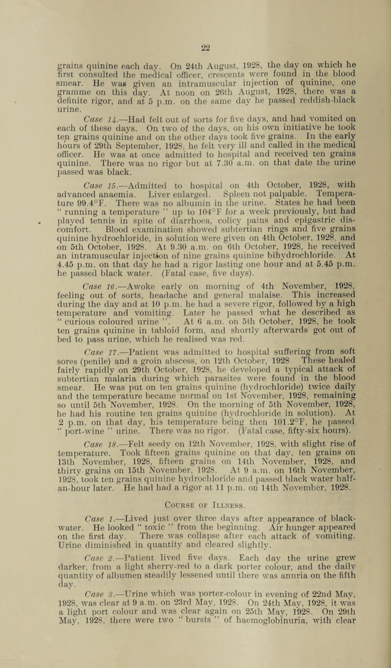 grains quinine each day. On 24th August, 1928, the day on which he first consulted the medical officer, crescents were found in the blood smear. He was given an intramuscular injection of quinine, one gramme on this day. At noon on 26th August, 1928, there was a definite rigor, and at 5 p.m. on the same day he passed reddish-black urine. Case 14.— Had felt out of sorts for five days, and had vomited on each of these days. On two of the days, on his own initiative he took ten grains quinine and on the other days took five grains. In the early hours of 29th September, 1928, he felt very ill and called in the medical officer. He was at once admitted to hospital and received ten grains quinine. There was no rigor but at 7.30 a.m. on that date the urine passed was black. Case 15.—Admitted to hospital on 4th October, 1928, with advanced anaemia. Liver enlarged. Spleen not palpable. Tempera¬ ture 99.4°F. There was no albumin in the urine. States he had been “ running a temperature ” up to 104°F for a week previously, but had played tennis in spite of diarrhoea, colicy pains and epigastric dis¬ comfort. Blood examination showed subtertian rings and five grains quinine hydrochloride, in solution were given on 4th October, 1928, and on 5th October, 1928. At 9.30 a.m. on 6th October, 1928, he received an intramuscular injection of nine grains quinine bihydrochloride. At 4.45 p.m. on that day he had a rigor lasting one hour and at 5.45 p.m. he passed black water. (Fatal case, five days). Case 16.—Awoke early on morning of 4th November, 1928, feeling out of sorts, headache and general malaise. This increased during the day and at 10 p.m. he had a severe rigor, followed by a high temperature and vomiting. Later he passed what he described as “ curious coloured urine At 6 a.m. on 5th October, 1928, he took ten grains quinine in tabloid form, and shortly afterwards got out of bed to pass urine, which he realised was red. Case 17.—Patient was admitted to hospital suffering from soft sores (penile) and a groin abscess, on 12th October, 1928 These healed fairly rapidly on 29th October, 1928, he developed a typical attack of subtertian malaria during which parasites were found in the blood smear. He was put on ten grains quinine (hydrochloride) twice daily and the temperature became normal on 1st November, 1928, remaining so until 5th November, 1928. On the morning of 5th November, 1928, he had his routine ten grains quinine (hydrochloride in solution). At 2 p.m. on that day, his temperature being then 101.2°F, he passed “ port-wine ” urine. There was no rigor. (Fatal case, fifty-six hours). Case 18.—Felt seedy on 12th November, 1928. with slight rise of temperature. Took fifteen grains quinine on that day, ten grains on 13th November, 1928, fifteen grains on 14th November, 1928, and thirty grains on 15th November, 1928. At 9 a.m. on 16th November, 1928^ took ten grains quinine hydrochloride and passed black water half- an-hour later. He had had a rigor at 11 p.m. on 14th November, 1928. Course of Illness. Case 1.—Lived just over three days after appearance of black- water. He looked “ toxic ” from the beginning. Air hunger appeared on the first day. There was collapse after each attack of vomiting. Urine diminished in quantity and cleared slightly. Case 2.—Patient lived five days. Each day the urine grew darker, from a light sherry-red to a dark porter colour, and the daily quantity of albumen steadily lessened until there was anuria on the fifth day. Case 3.—Urine which was porter-colour in evening of 22nd May, 1928, was clear at 9 a.m. on 23rd May, 1928. On 24th May, 1928, it was a light port colour and was clear again on 25th May, 1928. On 29th May, 1928, there were two “ bursts ” of haemoglobinuria, with clear