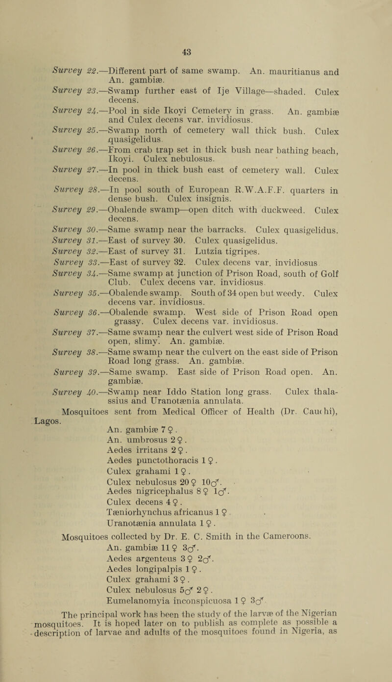 Survey 22.—Different part of same swamp. An. mauritianus and An. gambise. Survey 23.—Swamp further east of Ije Village—shaded. Culex decens. Survey 24.—Pool in side Ikoyi Cemetery in grass. An. gambise and Culex decens var. invidiosus. Survey 25.—Swamp north of cemetery wall thick bush. Culex .quasigelidus. Survey 26.—From crab trap set in thick bush near bathing beach, Ikoyi. Culex nebulosus. Survey 27.—In pool in thick bush east of cemetery wall. Culex decens. Survey 28.—In pool south of European R.W.A.F.F. quarters in dense bush. Culex insignis. Survey 29.—Obalende swamp—open ditch with duckweed. Culex decens. Survey 30.—Same swamp near the barracks. Culex quasigelidus. Survey 31.—East of survey 30. Culex quasigelidus. Survey 32.—East of survey 31. Lutzia tigripes. Survey 33.—East of survey 32. Culex decens var. invidiosus Survey 34.—Same swamp at junction of Prison Road, south of Golf Club. Culex decens var. invidiosus. Survey 35.—Obalende swamp. South of 34 open but weedy. Culex decens var. invidiosus. Survey 36.—Obalende swamp. West side of Prison Road open grassy. Culex decens var. invidiosus. Survey 37.—Same swamp near the culvert west side of Prison Road open, slimy. An. gambise. Survey 38.—Same swamp near the culvert on the east side of Prison Road long grass. An. gambise. Survey 39.—Same swamp. East side of Prison Road open. An. gambise. Survey 40.—Swamp near Iddo Station long grass. Culex thala- ssius and Uranotsenia annulata. Mosquitoes sent from Medical Officer of Health (Dr. Cau( hi), Lagos. An. gambise 7 9* An. umbrosus 2 9 . Aedes irritans 2 9 • Aedes punctothoracis 1 9 * Culex grahami 1 9 . Culex nebulosus 20 9 IOqE Aedes nigricephalus 89 lcf* Culex decens 4 9 • Tseniorhynchus africanus 1 9 Uranotsenia annulata 1 9 • Mosquitoes collected by Dr, E. C. Smith in the Cameroons. An. gambise 11 9 3cf. Aedes argenteus 3 9 2cf. Aedes longipalpis 1 9 • Culex grahami 3 9 • Culex nebulosus 5cf 2 9 • Eumelanomyia inconspicuosa 19 3cf The principal work has been the study of the larvse of the Nigerian mosquitoes. It is hoped later on to publish as complete as possible a description of larvae and adults of the mosquitoes found in Nigeria, as