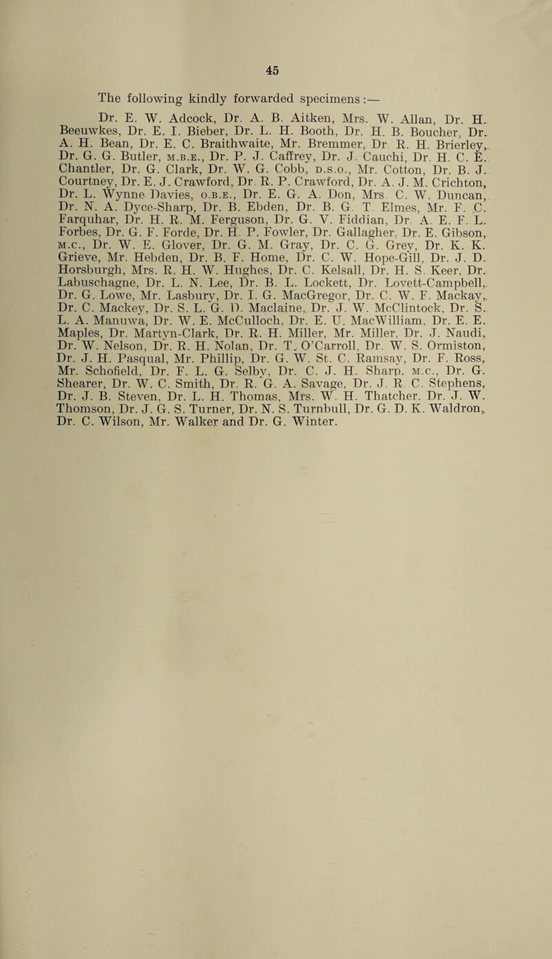 The following kindly forwarded specimens :— Dr. E. W. Adcock, Dr. A. B. Aitken, Mrs. W. Allan, Dr. H. Beeuwkes, Dr. E. I. Bieber, Dr. L. H. Booth, Dr. H. B. Boucher, Dr. A. H. Bean, Dr. E. C. Braithwaite, Mr. Bremmer, Dr. R. H. Brierley, Dr. G. G. Butler, m.b.e., Dr. P. J. Caffrey, Dr. J. Cauchi, Dr. H. C. E. Chantler, Dr. G. Clark, Dr. W. G. Cobb, d.s.o., Mr. Cotton, Dr. B. J. Courtney, Dr. E. J. Crawford, Dr. R. P. Crawford, Dr. A. J. M. Crichton, Dr. L. Wynne Davies, o.b.e., Dr. E. G. A. Don, Mrs. C. W. Duncan, Dr. N. A. Dyce-Sharp, Dr. B. Ebden, Dr. B. G. T. Elmes, Mr. F. C. Farquhar, Dr. H. R. M. Ferguson, Dr. G. V. Fiddian, Dr A. E. F. L. Forbes, Dr. G. F. Forde, Dr. H. P. Fowler, Dr. Gallagher, Dr. E. Gibson, m.c., Dr. W. E. Glover, Dr. G. M. Gray, Dr. C. G. Grey, Dr. K. K. Grieve, Mr. Hebden, Dr. B. F. Home, Dr. C. W. Hope-Gill, Dr. J. D. Horsburgh, Mrs. R. H. W. Hughes, Dr. C. Kelsall, Dr. H. S. Keer, Dr. Labuschagne, Dr. L. N. Lee, Dr. B. L. Lockett, Dr. Lovett-Campbell, Dr. G. Lowe, Mr. Lasbury, Dr. I. G. MacGregor, Dr. C. W. F. Mackay,. Dr. C. Mackey, Dr. S. L. G. D. Maclaine, Dr. J. W. McClintock, Dr. S. L. A. Manuwa, Dr. W. E. McCulloch. Dr. E. U. MacWilliam, Dr. E. E. Maples, Dr. Martyn-Clark, Dr. R. H. Miller, Mr. Miller, Dr. J. Naudi, Dr. W. Nelson, Dr. R. H. Nolan, Dr. T., O’Carroll, Dr. W. S. Ormiston, Dr. J. H. Pasqual, Mr. Phillip, Dr. G. W. St. C. Ramsay, Dr. F. Ross, Mr. Schofield, Dr. F. L. G. Selby, Dr. C. J. H. Sharp, m.c., Dr. G. Shearer, Dr. W. C. Smith, Dr. R. G. A. Savage, Dr. J. R C. Stephens, Dr. J. B. Steven, Dr. L. H. Thomas, Mrs. W. H. Thatcher. Dr. J. W. Thomson, Dr. J. G. S. Turner, Dr. N. S. Turnbull, Dr. G. D. K. Waldron,, Dr. C. Wilson, Mr. Walker and Dr. G. Winter.