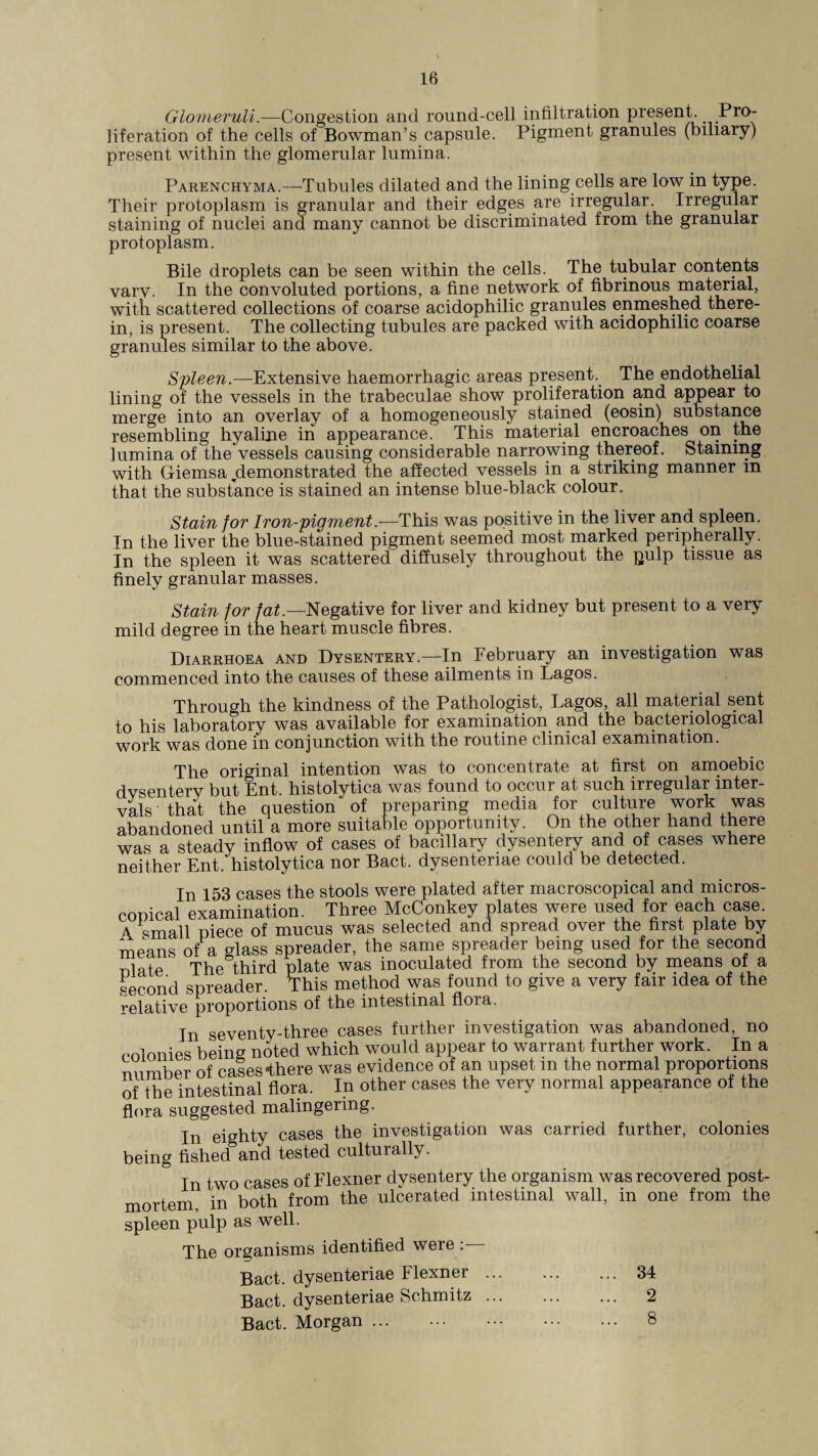 Glomeruli.—Congestion and round-cell infiltration present. Pro¬ liferation of the cells of Bowman’s capsule. Pigment granules (biliary) present within the glomerular lumina. Parenchyma.—Tubules dilated and the lining cells are low in type. Their protoplasm is granular and their edges are irregular. Irregular staining of nuclei and many cannot be discriminated from the granular protoplasm. Bile droplets can be seen within the cells. The tubular contents vary. In the convoluted portions, a fine network of fibrinous material, with scattered collections of coarse acidophilic granules enmeshed there¬ in, is present. The collecting tubules are packed with acidophilic coarse granules similar to the above. Spleen.—Extensive haemorrhagic areas present. The endothelial lining of the vessels in the trabeculae show proliferation and appear to merge into an overlay of a homogeneously stained (eosin) substance resembling hyaline in appearance. This material encroaches on the lumina of the vessels causing considerable narrowing thereof. Staining with Giemsa ^demonstrated the affected vessels in a striking manner m that the substance is stained an intense blue-black colour. Stain for Iron-pigment.—This was positive in the liver and spleen. In the liver the blue-stained pigment seemed most marked peripherally. In the spleen it was scattered diffusely throughout the gulp tissue as finely granular masses. Stain for fat.—Negative for liver and kidney but present to a very mild degree in the heart muscle fibres. Diarrhoea and Dysentery.—In February an investigation was commenced into the causes of these ailments in Lagos. Through the kindness of the Pathologist, Lagos, all material sent to his laboratory was available for examination and the bacteriological work was done in conjunction with the routine clinical examination. The original intention was to concentrate at first on amoebic dvsentery but Ent. histolytica was found to occur at such irregular inter¬ vals that the question of preparing media for culture work was abandoned until a more suitable opportunity. On the other hand there was a steady inflow of cases of bacillary dysentery and of cases where neither Ent. histolytica nor Bact. dysentenae could be detected. In 153 cases the stools were plated after macroscopical and micros¬ copical examination. Three McConkey plates were used for each case. A small piece of mucus was selected and spread over the first plate by means of a glass spreader, the same spreader being used for the second la+e The third plate was inoculated from the second by means of a second spreader. This method was found to give a very fair idea of the relative proportions of the intestinal flora. In seventy-three cases further investigation was abandoned, no colonies being noted which would appear to warrant further work. In a number of cases ■there was evidence of an upset in the normal proportions of the intestinal flora. In other cases the very normal appearance of the flora suggested malingering. In eighty cases the investigation was carried further, colonies being fished and tested cultuially. In two cases of Flexner dysentery the organism was recovered post¬ mortem, in both from the ulcerated intestinal wall, in one from the spleen pulp as well. The organisms identified were : Bact. dysenteriae Flexner. 34 Bact. dysenteriae Schmitz. 2 Bact. Morgan. 8