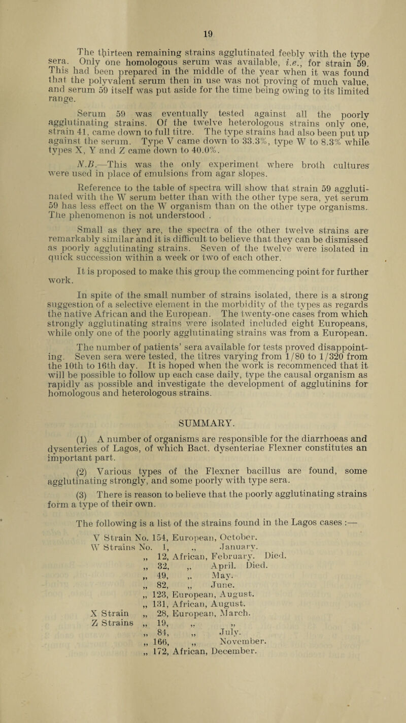 The thirteen remaining strains agglutinated feebly with the type sera. Only one homologous serum was available, i.e., for strain 59. This had been prepared in the middle of the year when it was found that the polyvalent serum then in use was not proving of much value, and serum 59 itself was put aside for the time being owing to its limited range. Serum 59 was eventually tested against all the poorly agglutinating strains. Of the twelve heterologous strains only one, strain 41, came down to full titre. The type strains had also been put up against the serum. Type V came down to 33.3%, type W to 8.3% while types X, Y and Z came down to 40.0%. N.B.—This was the only experiment where broth cultures' were used in place of emulsions from agar slopes. Reference to the table of spectra will show that strain 59 aggluti¬ nated with the W serum better than with the other type sera, yet serum 59 has less effect on the W organism than on the other type organisms. The phenomenon is not understood . Small as they are, the spectra of the other twelve strains are remarkably similar and it is difficult to believe that they can be dismissed as poorly agglutinating strains. Seven of the twelve were isolated in quick succession within a week or two of each other. It is proposed to make this group the commencing point for further work. In spite of the small number of strains isolated, there is a strong suggestion of a selective element in the morbidity of the types as regards the native African and the European. The twenty-one cases from which strongly agglutinating strains were isolated included eight Europeans, while only one of the poorly agglutinating strains was from a European. The number of patients’ sera available for tests proved disappoint¬ ing. Seven sera were tested, the titres varying from 1/80 to 1/320 from the 10th to 16th day. It is hoped when the work is recommenced that it will be possible to follow up each case daily, type the causal organism as rapidly as possible and investigate the development of agglutinins for homologous and heterologous strains. SUMMARY. (1) A number of organisms are responsible for the diarrhoeas and dysenteries of Lagos, of which Bact. dysenteriae Flexner constitutes an important part. (2) Various types of the Flexner bacillus are found, some agglutinating strongly, and some poorly with type sera. (3) There is reason to believe that the poorly agglutinating strains form a type of their own. The following is a list of the strains found in the Lagos cases :— V Strain No. 154, European, October. W Strains No. 1, ., January. „ 12, African, February. Died. ,, 32, „ April. Died. „ 49, ,. May. 82, „ June. X Strain Z Strains ,, 123, European, August. ,, 131, African, August. ,, 28, European, March. >, 19, ,, ,, „ 84, „ July. „ 166, „ November. „ 172, African, December.