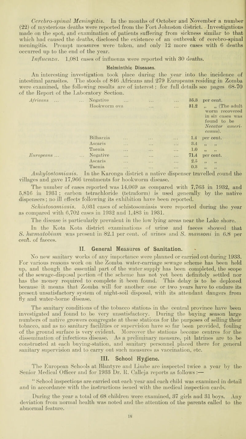 Cerebrospinal Meningitis. In the months of October and November a number (22) of mysterious deaths were reported from the Fort Johnston district. Investigations made on the spot, and examination of patients suffering from sickness similar to that which had caused the deaths, disclosed the existence of an outbreak of cerebro-spinal meningitis. Prompt measures were taken, and only 12 more cases with 6 deaths occurred up to the end of the year. Influenza. 1,081 cases of influenza were reported with 80 deaths. Helminthic Diseases. An interesting investigation took place during the year into the incidence of intestinal parasites. The stools of 846 Africans and 279 Europeans residing in Zomba were examined, the following results are of interest; for full details see pages 68-70 of the Report of the Laboratory Section. Africans Negative 35.3 per cent. Hookworm ova 81.2 ,, ,, (The adult worm recovered in six cases was found to be Necator ameri- canus). Billiarzia 1.4 per cent. Ascaris 3.4 33 33 Taenia 1.0 5) 33 Europeans ... .. Negative 71.4 per cent. Ascaris 2.5 33 33 Taenia 0.3 3 3 3 3 Ankylostomiasis. In the Karonga district a native dispenser travelled round the villages and gave 17,966 treatments for hookworm disease. The number of cases reported was 14,069 as compared with 7,763 in 1932, and 5,816 in 1931 ; carbon tetrachloride (tetraform) is used generally by the native dispensers; no ill effects following its exhibition have been reported. Schistosomiasis. 5,031 cases of schistosomiasis were reported during the year as compared with 6,702 cases in 1932 and 1,483 in 1931. The disease is particularly prevalent in the low lying areas near the Lake shore. In the Kota Kota district examinations of urine and faeces showed that S. haematobium was present in 82.1 per cent, of urines and S. mansoni in 6.8 per cent, of faeces. II. General Measures of Sanitation. No new sanitary works of any importance were planned or carried out during 1933. For various reasons work on the Zomba water-carriage sewage scheme has been held up, and though the essential part of the water supply has been completed, the scope of the sewage-disposal portion of the scheme has not yet been definitely settled nor has the money required to complete it been found. This delay is to be deplored because it means that Zomba will for another one or two years have to endure its present unsatisfactory system of night-soil disposal, with its attendant dangers from fly and water-borne disease. The sanitary conditions of the tobacco stations in the central province have been investigated and found to be very unsatisfactory. During the buying season large numbers of native growers congregate at these stations for the purposes of selling their tobacco, and as no sanitary facilities or supervision have so far been provided, fouling of the ground surface is very evident. Moreover the stations become centres for the dissemination of infectious disease. As a preliminary measure, pit latrines are to be constructed at each buying-station, and sanitary personnel placed there for general sanitary supervision and to carry out such measures as vaccination, etc. III. School Hygiene. The European Schools at Blantyre and Limbe are inspected twice a year by the Senior Medical Officer and for 1933 Dr. R. Calleja reports as follows :— “ School inspections are carried out each year and each child was examined in detail and in accordance with the instructions issued with the medical inspection cards. During the year a total of 68 children were examined, 37 girls aod 31 boys. Any deviation from normal health was noted and the attention of the parents called to the abnormal feature.