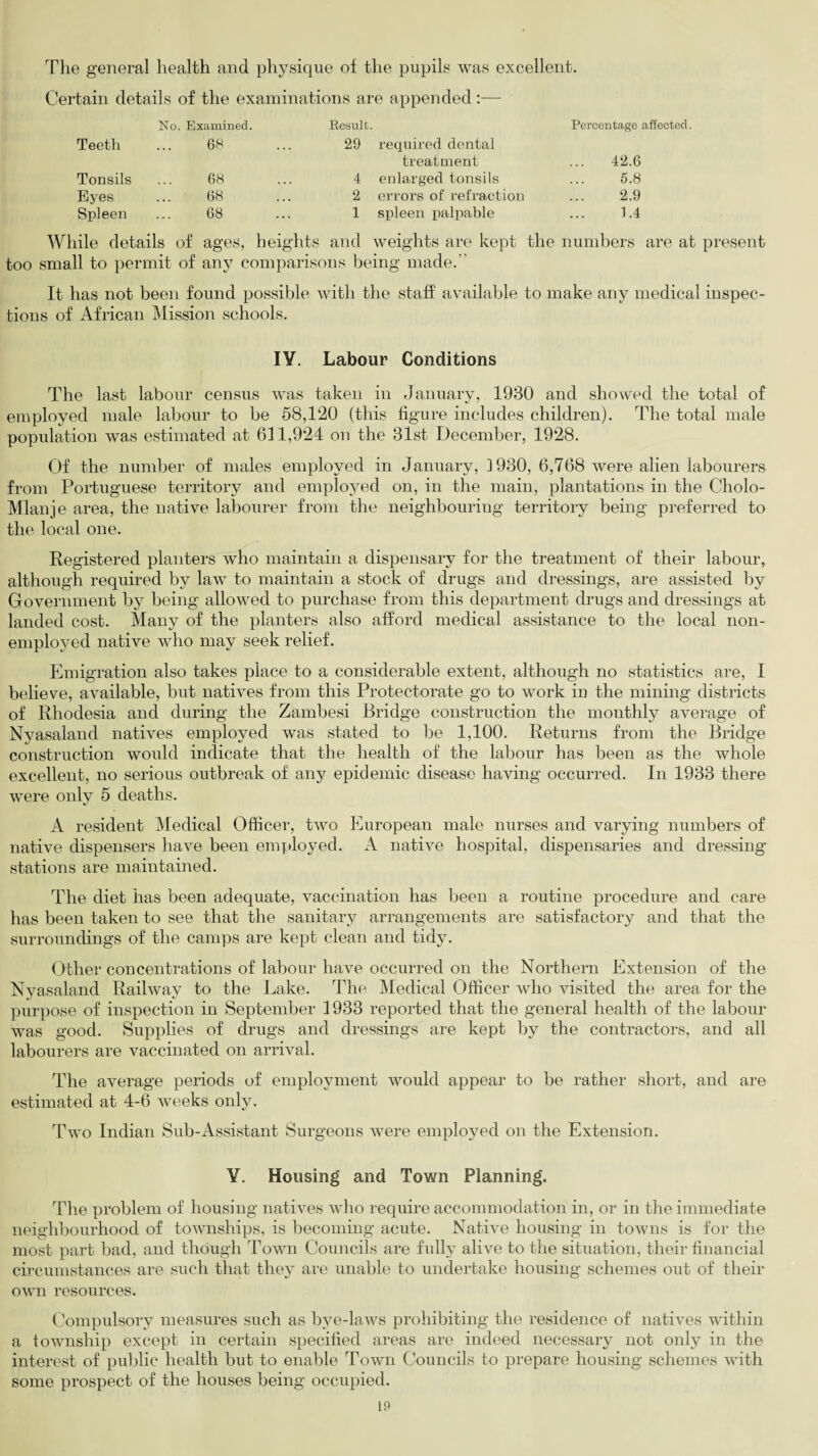 The general health and physique of the pupils was excellent. Certain details of the examinations are appended:— No. Examined. Result. Percentage affected Teeth 68 29 required dental treatment 42.6 Tonsils 68 4 enlarged tonsils 5.8 Eyes 68 2 errors of refraction 2.9 Spleen 68 1 spleen palpable 1.4 While details of ages, heights and weights are kept the numbers are at present too small to permit of any comparisons being made. It has not been found possible with the staff available to make any medical inspec¬ tions of African Mission schools. IY. Labour Conditions The last labour census was taken in January, 1930 and showed the total of employed male labour to be 58,120 (this figure includes children). The total male population was estimated at 611,924 on the 31st December, 1928. Of the number of males employed in January, 1930, 6,768 were alien labourers from Portuguese territory and employed on, in the main, plantations in the Cholo- Mlanje area, the native labourer from the neighbouring territory being preferred to the local one. Registered planters who maintain a dispensary for the treatment of their labour, although required by law to maintain a stock of drugs and dressings, are assisted by Government by being allowed to purchase from this department drugs and dressings at landed cost. Many of the planters also afford medical assistance to the local non- employed native who may seek relief. Emigration also takes place to a considerable extent, although no statistics are, I believe, available, but natives from this Protectorate go to work in the mining districts of Rhodesia and during the Zambesi Bridge construction the monthly average of Nyasaland natives employed was stated to be 1,100. Returns from the Bridge construction would indicate that the health of the labour has been as the whole excellent, no serious outbreak of any epidemic disease having occurred. In 1933 there were only 5 deaths. A resident Medical Officer, two European male nurses and varying numbers of native dispensers have been emplo}md. A native hospital, dispensaries and dressing stations are maintained. The diet has been adequate, vaccination has been a routine procedure and care has been taken to see that the sanitary arrangements are satisfactory and that the surroundings of the camps are kept clean and tidy. Other concentrations of labour have occurred on the Northern Extension of the Nyasaland Railway to the Lake. The Medical Officer who visited the area for the purpose of inspection in September 1933 reported that the general health of the labour was good. Supplies of drugs and dressings are kept by the contractors, and all labourers are vaccinated on arrival. The average periods of employment would appear to be rather short, and are estimated at 4-6 weeks only. Two Indian Sub-Assistant Surgeons were employed on the Extension. Y. Housing and Town Planning, The problem of housing natives who require accommodation in, or in the immediate neighbourhood of townships, is becoming acute. Native housing in towns is for the most part bad, and though Town Councils are fully alive to the situation, their financial circumstances are such that the} are unable to undertake housing schemes out of their own resources. Compulsory measures such as bye-laws prohibiting the residence of natives within a township except in certain specified areas are indeed necessary not only in the interest of public health but to enable Town Councils to prepare housing schemes with some prospect of the houses being occupied.