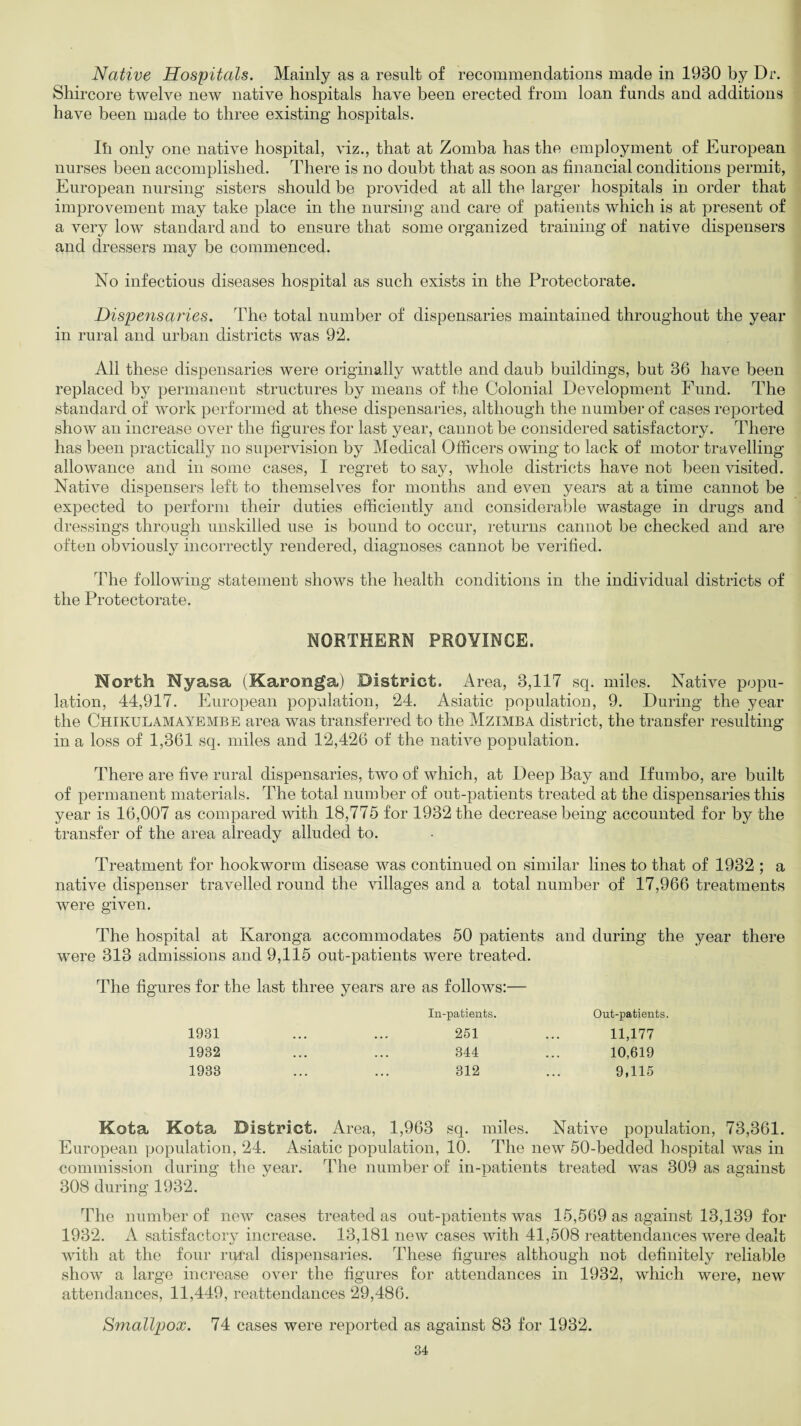 Native Hospitals. Mainly as a result of recommendations made in 1930 by Dr. Shircore twelve new native hospitals have been erected from loan funds and additions have been made to three existing hospitals. Ill only one native hospital, viz., that at Zomba has the employment of European nurses been accomplished. There is no doubt that as soon as financial conditions permit, European nursing sisters should be provided at all the larger hospitals in order that improvement may take place in the nursing and care of patients which is at present of a very low standard and to ensure that some organized training of native dispensers and dressers may be commenced. No infectious diseases hospital as such exists in the Protectorate. Dispensaries. The total number of dispensaries maintained throughout the year in rural and urban districts was 92. All these dispensaries were originally wattle and daub buildings, but 36 have been replaced by permanent structures by means of the Colonial Development Fund. The standard of work performed at these dispensaries, although the number of cases reported show an increase over the figures for last year, cannot be considered satisfactory. There has been practically no supervision by Medical Officers owing to lack of motor travelling allowance and in some cases, I regret to say, whole districts have not been visited. Native dispensers left to themselves for months and even years at a time cannot be expected to perform their duties efficiently and considerable wastage in drugs and dressings through unskilled use is bound to occur, returns cannot be checked and are often obviously incorrectly rendered, diagnoses cannot be verified. The following statement shows the health conditions in the individual districts of the Protectorate. NORTHERN PROVINCE. North Nyasa (Karonga) District. x4rea, 3,117 sq. miles. Native popu¬ lation, 44,917. European population, 24. Asiatic population, 9. During the year the Chikulamayembe area was transferred to the Mzimba district, the transfer resulting in a loss of 1,361 sq. miles and 12,426 of the native population. There are five rural dispensaries, two of which, at Deep Bay and Ifumbo, are built of permanent materials. The total number of out-patients treated at the dispensaries this year is 16,007 as compared with 18,775 for 1932 the decrease being accounted for by the transfer of the area already alluded to. Treatment for hookworm disease was continued on similar lines to that of 1932 ; a native dispenser travelled round the villages and a total number of 17,966 treatments were given. The hospital at Karonga accommodates 50 patients and during the year there were 313 admissions and 9,115 out-patients were treated. The figures for the last three years are as follows:— In-patients. 1931 ... ... 251 1982 ... ... 344 1933 ... ... 312 Out-patients. 11,177 10,619 9,115 Kota Kota District. Area, 1,963 sq. miles. Native population, 73,361. European population, 24. Asiatic population, 10. The new 50-bedded hospital was in commission during the year. The number of in-patients treated was 309 as against 308 during 1932. The number of new cases treated as out-patients was 15,569 as against 13,139 for 1932. A satisfactory increase. 13,181 new cases with 41,508 reattendances were dealt with at the four ratal dispensaries. These figures although not definitely reliable show a large increase over the figures for attendances in 1932, which were, new attendances, 11,449, reattendances 29,486. Smallpox. 74 cases were reported as against 83 for 1932.