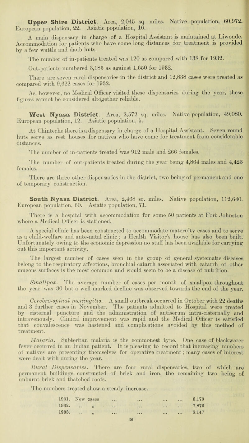 Upper Shire District. Area, 2,045 sq. miles. Native population, 60,972. European population, 22. Asiatic population, 16. A main dispensary in charge of a Hospital Assistant is maintained at Liwonde. Accommodation for patients who have come long distances for treatment is provided by a few wattle and daub huts. The number of in-patients treated was 120 as compared with 138 for 1932. Out-patients numbered 3,185 as against 1,650 for 1932. There are seven rural dispensaries in the district and 12,838 cases were treated as compared with 9,622 cases for 1932. As, however, no Medical Officer visited these dispensaries during the year, these figures cannot be considered altogether reliable. West Hyasa District. Area, 2,572 sq. miles. Native population, 49,080. European population, 12. Asiatic population, 5. At Chinteche there is a dispensary in charge of a Hospital Assistant. Seven round huts serve as rest houses for natives who have come for treatment from considerable distances. The number of in-patients treated was 912 male and 266 females. The number of out-patients treated during the year being 4,864 males and 4,423 females. There are three other dispensaries in the district, two being of permanent and one of temporary construction. South Nyasa District. Area, 2,468 sq. miles. Native population, 112,640. European population, 60. Asiatic population, 71. There is a hospital with accommodation for some 50 patients at Fort Johnston where a Medical Officer is stationed. A special clinic has been constructed to accommodate maternity cases and to serve as a child-welfare and ante-natal clinic; a Health Visitor’s house has also been built. Unfortunately owing to the economic depression no staff has been available for carrying out this important activity. The largest number of cases seen in the group of general systematic diseases belong to the respiratory affections, bronchial catarrh associated with catarrh of other mucous surfaces is the most common and would seem to be a disease of nutrition. Smallpox. The average number of cases per month of smallpox throughout the year was 30 but a well marked decline was observed towards the end of the year. Cerebrospinal meningitis. A small outbreak occurred in October with 22 deaths and 3 further cases in November. The patients admitted to Hospital were treated by cisternal puncture and the administration of antiserum intra-cisternally and intravenously. Clinical improvement was rapid and the Medical Officer is satisfied that convalescence was hastened and complications avoided by this method of treatment. Malaria. Subtertian malaria is the commonest type. One case of blackwater fever occurred in an Indian patient. It is pleasing to record that increasing numbers of natives are presenting themselves for operative treatment; many cases of interest were dealt with during the year. Rural Dispensaries. There are four rural dispensaries, two of which are permanent buildings constructed of brick and iron, the remaining two being of unburnt brick and thatched roofs. The numbers treated show a steady increase. 1931. New cases ... ... ... ... 6,173 1932. „ „ ... ... . 7,873 1933. ,, ,, ... ... ... ... 8,147