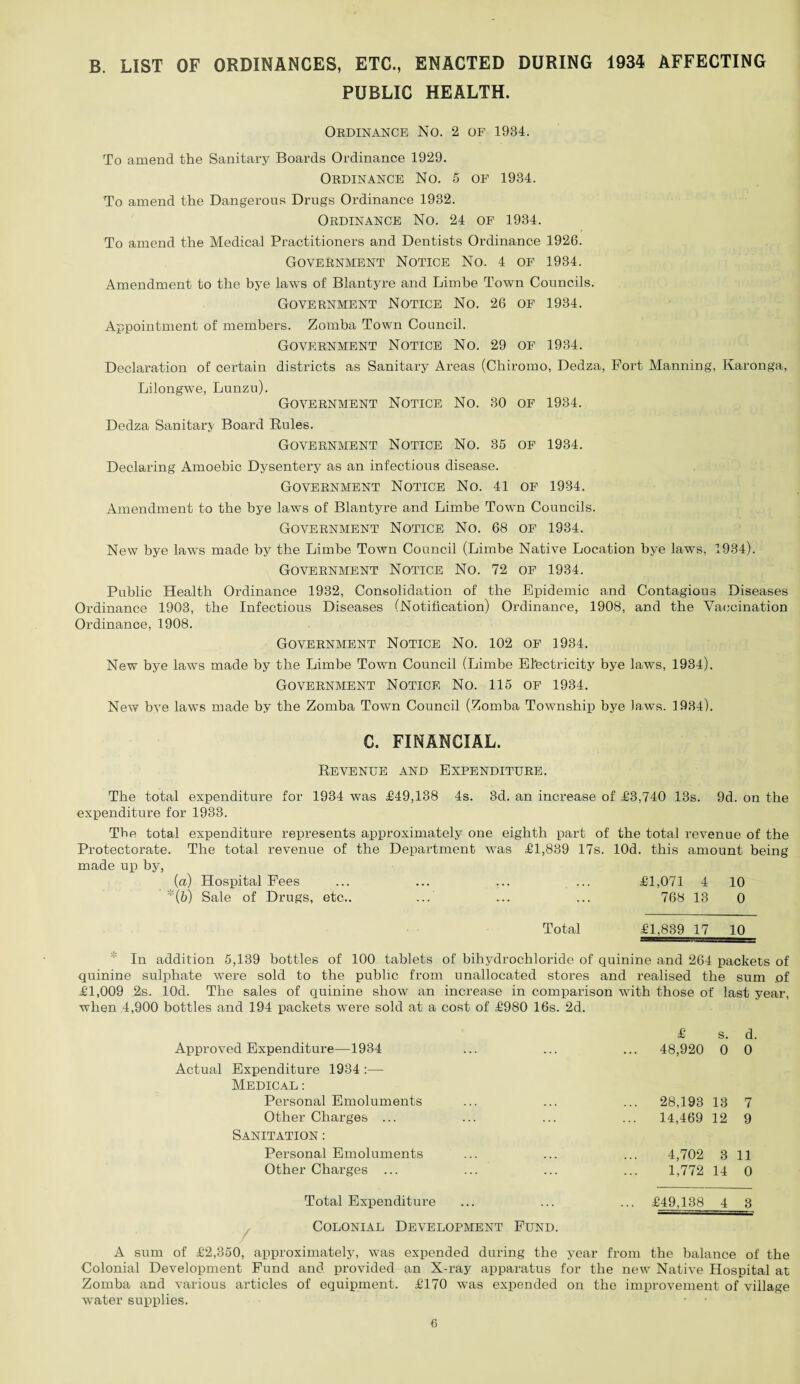 B. LIST OF ORDINANCES, ETC., ENACTED DURING 1934 AFFECTING PUBLIC HEALTH. Ordinance No. 2 of 1984. To amend the Sanitary Boards Ordinance 1929. Ordinance No. 5 of 1934. To amend the Dangerous Drugs Ordinance 1932. Ordinance No. 24 of 1934. To amend the Medical Practitioners and Dentists Ordinance 1926. Government Notice No. 4 of 1934. Amendment to the bye laws of Blantyre and Limbe Town Councils. Government Notice No. 26 of 1934. Appointment of members. Zomba Town Council. Government Notice No. 29 of 1934. Declaration of certain districts as Sanitary Areas (Chiromo, Dedza, Port Manning, Karonga, Lilongwe, Lunzu). Government Notice No. 30 of 1984. Dedza Sanitary Board Rules. Government Notice No. 35 of 1934. Declaring Amoebic Dysentery as an infectious disease. Government Notice No. 41 of 1934. Amendment to the bye laws of Blantyre and Limbe Town Councils. Government Notice No. 68 of 1934. New bye laws made by the Limbe Town Council (Limbe Native Location bye laws, 1934). Government Notice No. 72 of 1934. Public Health Ordinance 1932, Consolidation of the Epidemic and Contagious Diseases Ordinance 1903, the Infectious Diseases (Notification) Ordinance, 1908, and the Vaccination Ordinance, 1908. Government Notice No. 102 of 1934. New bye laws made by the Limbe Town Council (Limbe Electricity bye laws, 1934), Government Notice No. 115 of 1934. New bye laws made by the Zomba Town Council (Zomba Township bye laws. 1934). C. FINANCIAL. Revenue and Expenditure. The total expenditure for 1934 was £49,138 4s. 3d. an increase of £3,740 13s. 9d. on the expenditure for 1933. The total expenditure represents approximately one eighth part of the total revenue of the Protectorate. The total revenue of the Department wTas £1,839 17s. lOd. this amount being made up by, (a) Hospital Fees ''(b) Sale of Drugs, etc.. ... £1,071 4 10 768 13 0 Total £1,839 17 10 * In addition 5,139 bottles of 100 tablets of bihydrochloride of quinine and 264 packets of quinine sulphate were sold to the public from unallocated stores and realised the sum of £1,009 2s. lOd. The sales of quinine show an increase in comparison with those of last year, when .4,900 bottles and 194 packets were sold at a cost of £980 16s. 2d. Approved Expenditure—1934 Actual Expenditure 1934 :— Medical : Personal Emoluments Other Charges ... Sanitation : Personal Emoluments Other Charges ... £ s. d. ... 48,920 0 0 ... 28,193 13 7 ... 14,469 12 9 4,702 3 11 1,772 14 0 Total Expenditure ... ... £49,138 4 3 / Colonial Development Fund. A sum of £2,350, approximately, was expended during the year from the balance of the Colonial Development Fund and provided an X-ray apparatus for the new Native Hospital at Zomba and various articles of equipment. £170 was expended on the improvement of village water supplies.