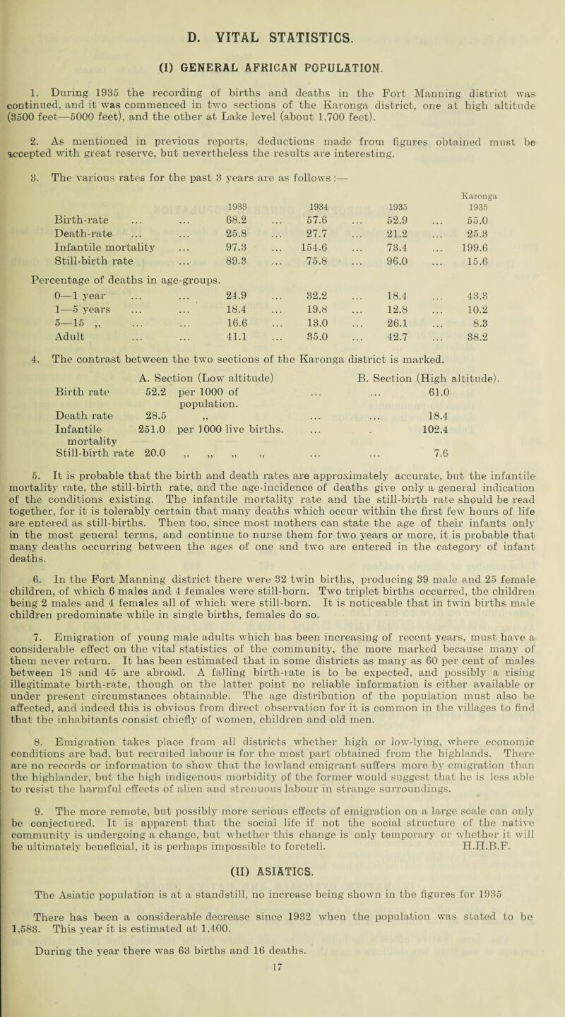 D. VITAL STATISTICS. (I) GENERAL AFRICAN POPULATION. 1. During 1935 the recording of births and deaths in the Fort Manning district was continued, and it was commenced in two sections of the Karonga district, one at high altitude (3500 feet—5000 feet), and the other at Lake level (about 1,700 feet). 2. As mentioned in previous reports, deductions made from figures obtained must be accepted with great reserve, but nevertheless the results are interesting. 3. The various rates for the past 3 years are as follows :•— 1933 1934 1935 Karonga 1935 Birth-rate 68.2 57.6 52.9 55.0 Death-rate 25.8 27.7 21.2 25.3 Infantile mortality 97.3 154.6 73.4 199.6 Still-birth rate 89.3 75.8 • .. 96.0 15.6 Percentage of deaths in age-groups. 0—1 year 24.9 32.2 18.4 43.3 1—5 years 18.4 19.8 12.8 10.2 5—15 „ 16.6 13.0 26.1 8.3 Adult 41.1 35.0 42.7 38.2 4. The contrast between the two sections of the Karonga district is marked. Birth rate A. Section (Low altitude) 52.2 per 1000 of B. Section (High altitude) 61.0 Death rate 28.5 population. 51 ••• 18.4 Infantile 251.0 per 1000 live births. 102.4 mortality Still-birth rate 20.0 51 55 15 15 • • • 7.6 5. It is probable that the birth and death rates are approximately accurate, but the infantile mortality rate, the still-birth rate, and the age-incidence of deaths give only a general indication of the conditions existing. The infantile mortality rate and the still-birth rate should be read together, for it is tolerably certain that many deaths which occur within the first few hours of life are entered as still-births. Then too, since most mothers can state the age of their infants only in the most general terms, and continue to nurse them for two years or more, it is probable that many deaths occurring between the ages of one and two are entered in the category of infant deaths. 6. In the Fort Manning district there were 32 twin births, producing 39 male and 25 female children, of which 6 males and 4 females were still-born. Two triplet births occurred, the children being 2 males and 4 females all of which were still-born. It is noticeable that in twin births male children predominate while in single births, females do so. 7. Emigration of young male adults which has been increasing of recent years, must have a considerable effect on the vital statistics of the community, the more marked because many of them never return. It has been estimated that in some districts as many as 60 per cent of males between 18 and 45 are abroad. A falling birth-rate is fco be expected, and possibly a rising illegitimate birth-rate, though on the latter point no reliable information is either available or under present circumstances obtainable. The age distribution of the population must also be affected, and indeed this is obvious from direct observation for it is common in the villages to find that the inhabitants consist chiefly of women, children and old men. 8. Emigration takes place from all districts whether high or low-lying, where economic conditions are bad, but recruited labour is for the most part obtained from the highlands. There are no records or information to show that the lowland emigrant suffers more by emigration than the highlander, but the high indigenous morbidity of the former would suggest that he is less able to resist the harmful effects of alien and strenuous labour in strange surroundings. 9. The more remote, but possibly more serious effects of emigration on a large scale can only be conjectured. It is apparent that the social life if not the social structure of the native community is undergoing a change, but whether this change is only temporary or whether it will be ultimately beneficial, it is perhaps impossible to foretell. H.H.B.F. (II) ASIATICS. The Asiatic population is at a standstill, no increase being shown in the figures for 1935 There has been a considerable decrease since 1932 when the population was stated to be 1,583. This year it is estimated at 1,400. During the year there was 63 births and 16 deaths.