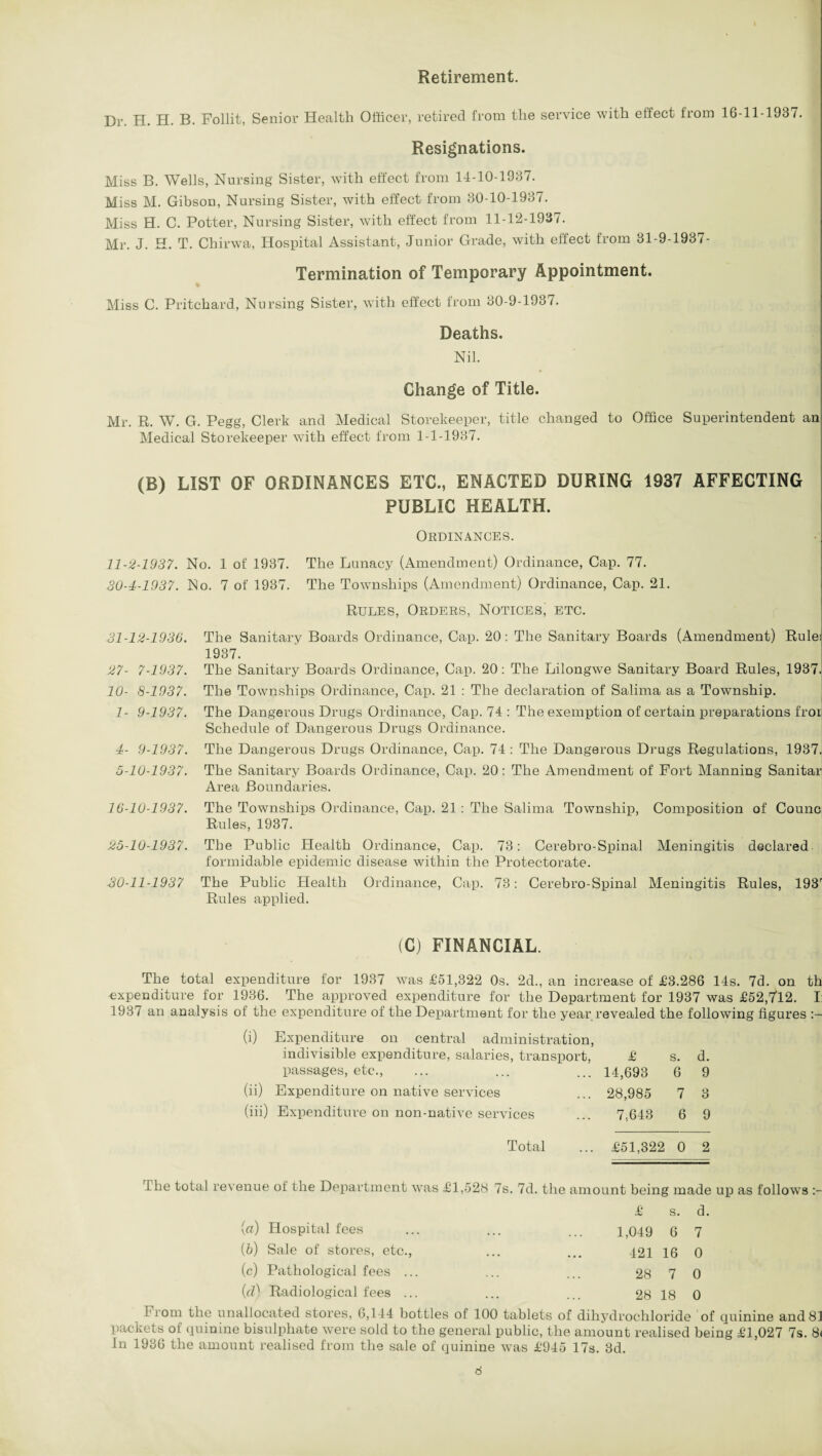 Retirement. Dr. H. H. B. Follit, Senior Health Officer, retired from the service with effect from 16-11-1937. Resignations. Miss B. Wells, Nursing Sister, with effect from 14-10-1937. Miss M. Gibson, Nursing Sister, with effect from 30-10-1937. Miss H. C. Potter, Nursing Sister, with effect from 11-12-1937. Mr. J. H. T. Chirwa, Hospital Assistant, Junior Grade, with effect from 31-9-1937- Termination of Temporary Appointment. Miss C. Pritchard, Nursing Sister, with effect from 30-9-1937. Deaths. Nil. Change of Title. j Mr. R. W. G. Pegg, Clerk and Medical Storekeeper, title changed to Office Superintendent an Medical Storekeeper with effect from 1-1-1937. (B) LIST OF ORDINANCES ETC., ENACTED DURING 1937 AFFECTING PUBLIC HEALTH. Ordinances. 11-2-1937. No. 1 of 1937. The Lunacy (Amendment) Ordinance, Cap. 77. 30-4-1937. No. 7 of 1937. The Townships (Amendment) Ordinance, Cap. 21. 31-12-1936. 27- 7-1937. 10- 8-1937. 1- 9-1937. 4- 9-1937. 5- 10-1937. Rules, Orders, Notices, etc. The Sanitary Boards Ordinance, Cap. 20: The Sanitary Boards (Amendment) Rule; 1937. The Sanitary Boards Ordinance, Cap. 20 : The Lilongwe Sanitary Board Rules, 1937. The Townships Ordinance, Cap. 21 : The declaration of Salima as a Township. The Dangerous Drugs Ordinance, Cap. 74 : The exemption of certain preparations froi Schedule of Dangerous Drugs Ordinance. The Dangerous Drugs Ordinance, Cap. 74 : The Dangerous Drugs Regulations, 1937. The Sanitary Boards Ordinance, Cap. 20: The Amendment of Port Manning Sanitar Area Boundaries. 16-10-1937. The Townships Ordinance, Cap. 21 : The Salima Township, Composition of Counc Rules, 1937. 25-10-1937. The Public Health Ordinance, Cap. 73: Cerebro-Spinal Meningitis declared formidable epidemic disease within the Protectorate. 30-11-1937 The Public Health Ordinance, Cap. 73: Cerebro-Spinal Meningitis Rules, 193r Rules applied. (C) FINANCIAL. The total expenditure for 1937 was £51,322 0s. 2d., an increase of £3.286 14s. 7d. on th expenditure for 1936. The approved expenditure for the Department for 1937 was £52,7*12. I: 1937 an analysis of the expenditure of the Department for the year revealed the following figures :— (i) Expenditure on central administration, indivisible expenditure, salaries, transport, £ s. d. passages, etc., ... ... ... 14,693 6 9 (ii) Expenditure on native services ... 28,985 7 3 (iii) Expenditure on non-native services ... 7,643 6 9 Total ... £51,322 0 2 ihe total revenue of the Department was £1,528 7s. 7d. the amount being made up as follows :- (a) Hospital fees (b) Sale of stores, etc., (c) Pathological fees .. (d) Radiological fees .. £ s. d. 1,049 6 7 421 16 0 28 7 0 28 18 0 From the unallocated stores, 6,144 bottles of 100 tablets of dihydrochloride of quinine and 81 packets oi quinine bisulphate were sold to the general public, the amount realised being £1,027 7s. 8< In 1936 the amount realised from the sale of quinine was £945 17s. 3d.