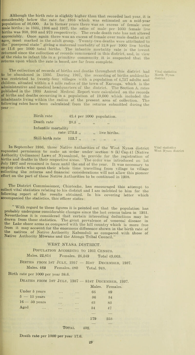 Although the birth rate is slightly higher than that recorded last year, it is considerably below the rate for 1935 which was estimated on a mid-year- population of 36,000. As in former years there was an excess of female over- male births ; in 1935, 1936 and 1937, the ratio of male per 1000 female live births was 938, 933 and 9/3 respectively. The crude death rate has not altered appreciably. Once again there was an excess of female over male deaths at all ages, most marked in the adult group. Twenty-two deaths were attributed to the “puerperal state” giving a maternal mortality of 12.8 per 1000 live births or 11.6 per 1000 total births. The infantile mortality rate is the lowest returned since the collection of records commenced in this district, and, in view of the risks to infant life in a primitive community it is suspected that the returns upon which the rate is based, are far from complete. The collection of records of births and deaths throughout this district had to be abandoned in 1936. During 1937, the recording of births anddeaths was restricted to twenty-four villages with a population of 4,757 adults and children, situated within a 5 mile radius of the town of Karonga, which is the administrative and medical headquarters of the district. The Section A. rates published in the 1935 Annual Medical Report were calculated on the records of births and deaths occurring in a population of 19,000 which included the inhabitants living within the radius of the present area of collection. The following rates have been calculated from the returns submitted during the year Birth rate 42.4 per 1000 population. Death rate 28.5 „ „ Infantile mortality rate 272.2 ,, ,, live births. Still-birth rate 123.7 ,, ,, ,, ,, In September 1936, three Native Authorities of the West Nyasa district requested permission to make an order under section 8 (k) Cap.41 (Native Authority Ordinance) Laws of Nyasaland, to provide for the registration of births and deaths in their respective areas. The order was introduced on 1st July 1937 and remained in force until the end of the year. It was necessary to employ clerks who spent their whole time travelling from village to village collecting the returns and financial considerations will not allow this pioneer effort on the part of these Native Authorities to be continued in 1938. The District Commissioner, Chinteche, has encouraged this attempt to collect vitai statistics relating to his district and I am indebted to him for the following report of the results obtained. In his covering letter which accompanied the statistics, this officer states : With regard to these figures it is pointed out that the population has probably undergone considerable changes since the last census taken in 1931. Nevertheless it is considered that certain interesting deductions may be drawn from these statistics. The great prevalence of venereal disease in the Lake shore areas as compared with the hill country which is more free from it may account for the enormous difference shown in the birth rate of the natives of Native Authority Kabunduli as compared with those of Native Authority Mbwana and the Atonga Tribal Council.” WEST NYASA DISTRICT. Population Accokding to 1931 Census. Males. 22,814 Females. 26,249 Total 49,063. Bibths fkom 1st July, 1937 — 31st Decembek, 1937. Males. 468 Females. 480 Total. 948. Birth rate per 1000 per year 38.6. Deaths feom 1st July, 1937 — 31st Decembek, 1937. Males. Females. Under 5 years 66 89 5 — 15 years 36 34 16 — 50 years 43 83 Aged 34 47 179 253 Total 432. Death rate per 1000 per year 17.6. 29 Vital statistics North Nyasa district Vital statistics West Nyasa district