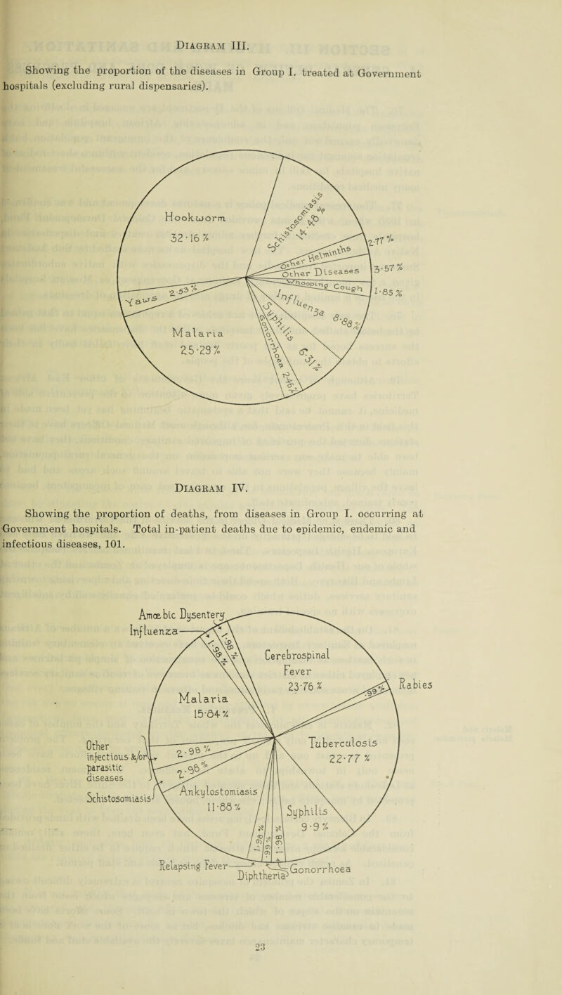 Diagram III. Showing the proportion of the diseases in Group I. treated at Government hospitals (excluding rural dispensaries). Diagram IV. Showing the proportion of deaths, from diseases in Group I. occurring at Government hospitals. Total in-patient deaths due to epidemic, endemic and infectious diseases, 101.