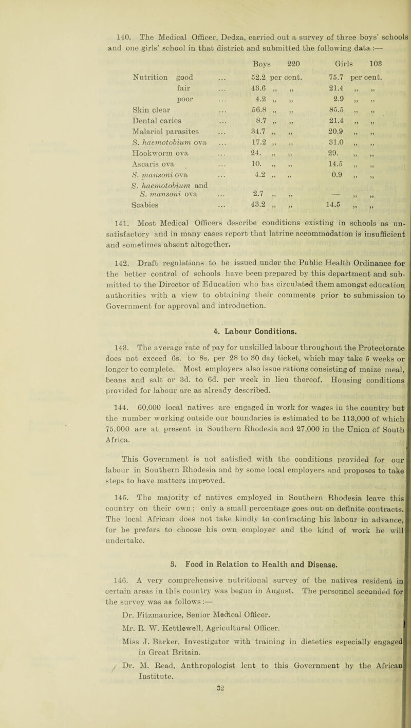 140. The Medical Officer, Dedza, carried out a survey of three boys’ schools and one girls’ school in that district and submitted the following data :— Nutrition good Boys 52.2 per 220 cent. Girls 103 75.7 percent. fair 43.6 ,, 55 21.4 55 J J poor 4.2 „ 5 5 2.9 55 n Skin clear 56.8 ,, 55 85.5 55 55 Dental caries 8.7 „ 55 21.4 55 55 Malarial parasites 34.7 „ 5 5 20.9 55 5 5 R. haemotobium ova 17.2 „ 5 5 31.0 5 5 5 J Hookworm ova 24. „ 5 5 29. 5 5 5 5 Ascaris ova 10. „ 5 5 14.5 5 5 5 5 8. mansoni ova 4.2 „ 55 0.9 5 5 5 5 S. haemotobium and S. mansoni ova 2.7 „ 5 5 _ 5 5 5 5 Scabies 43.2 „ J) 14.5 5 5 5 * 141. Most Medical Officers describe conditions existing in schools as un¬ satisfactory and in many cases report that latrine accommodation is insufficient and sometimes absent altogether. 142. Draft regulations to be issued under the Public Health Ordinance for the better control of schools have been prepared by this department and sub¬ mitted to the Director of Education who has circulated them amongst education authorities with a view to obtaining their comments prior to submission to Government for approval and introduction. 4. Labour Conditions. 143. The average rate of pay for unskilled labour throughout the Protectorate does not exceed 6s. to 8s. per 28 to 30 day ticket, which may take 5 weeks or longer to complete. Most employers also issue rations consisting of maize meal, beans and salt or 3d. to 6d. per week in lieu thereof. Housing conditions provided for labour are as already described. 144. 60,000 local natives are engaged in work for wages in the country but the number working outside our boundaries is estimated to be 113,000 of which 75,000 are at present in Southern Rhodesia and 27,000 in the Union of South Africa. This Government is not satisfied with the conditions provided for our labour in Southern Rhodesia and by some local employers and proposes to take steps to have matters improved. 145. The majority of natives employed in Southern Rhodesia leave this | country on their own ; only a small percentage goes out on definite contracts. I The local African does not take kindly to contracting his labour in advance, I for he prefers to choose his own employer and the kind of work he will 4 undertake. 5. Food in Relation to Health and Disease. 146. A very comprehensive nutritional survey of the natives resident in ; certain areas in this country was begun in August. The personnel seconded for i| the survey was as follows :— Dr. Fitzmaurice, Senior Medical Officer. Mr. R. W. Kettlewell, Agricultural Officer. Miss J. Barker, Investigator with training in dietetics especially engaged in Great Britain. Dr. M. Read, Anthropologist lent to this Government by the African! Institute.