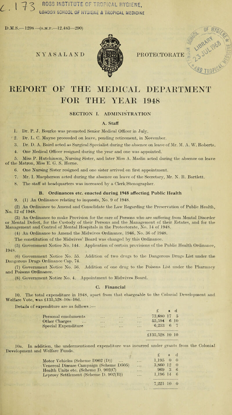 j a •? ROSS INSTITUTE OF TROPICAL HYGIENE, LON DO.'I DOnOOL Of H'iviihfcc A ifiOPiCAL MEDICINE D.M.S.—1298—(sjvi.r.—12.483—290) NYASALAND REPORT OF THE MEDICAL DEPARTMENT FOR THE YEAR 1948 SECTION I. ADMINISTRATION A. Staff 1. Dr. P. J. Bourke was promoted Senior Medical Officer in July. 2. Dr. L. C. Mayne proceeded on leave, pending retirement, in November. 3. Dr. D. A. Baird acted as Surgical Specialist during the absence on leave of Mr. M. A. W. Roberts. 4. One Medical Officer resigned during the year and one was appointed. 5. Miss P. Hutchinson, Nursing Sister, and later Miss A. Maslin acted during the absence on leave of the Matron, Miss E. G. S. Horne. 6. One Nursing Sister resigned and one sister arrived on first appointment. 7. Mr. I. Macpherson acted during the absence on leave of the Secretary, Mr. N. R. Bartlett. 8. The staff at headquarters was increased by a Clerk /Stenographer. B. Ordinances etc. enacted during 1948 affecting Public Health 9. (1) An Ordinance relating to inquests, No. 9 of 1948. (2) An Ordinance to Amend and Consolidate the Law Regarding the Preservation of Public Health, No. 12 of 1948. (3) An Ordinance to make Provision for the care of Persons who are suffering from Mental Disorder or Mental Defect, for the Custody of their Persons and the Management of their Estates, and for the Management and Control of Mental Hospitals in the Protectorate, No. 14 of 1948. (4) An Ordinance to Amend the Midwives Ordinance, 1946, No. 36 of 1948. The constitution of the Midwives’ Board was changed by this Ordinance. (5) Government Notice No. 144. Application of certain provisions of the Public Health Ordinance, 1948. (6) Government Notice No. 55. Addition of two drugs to the Dangerous Drugs List Tinder the Dangerous Drugs Ordinance Cap. 74. (7) Government Notice No. 56. Addition of one drug to the Poisons List under the Pharmacy and Poisons Ordinance. (8) Government Notice No. 4, Appointment to Midwives Board. C. Financial 10. The total expenditure in 1948, apart from that chargeable to the Colonial Development and Welfare Vote, was £135,528-10s-l0d. Details of expenditure are as follows :— 10a. £ s d Personal emoluments 73,680 17 5 Other Charges 55,594 6 10 Special Expenditure 6,253 6 7 £135,528 10 10 addition, the undermentioned expenditure was incurred under grants and Welfare Funds. £ d Motor Vehicles (Scheme 1)902 (D)) 1,195 0 0 Venereal Disease Campaign (Scheme D505) 3,860 12 0 Health Units etc. (Scheme D. 902(C) 969 3 6 Leprosy Settlement (Scheme I). 902(B)) 1,196 14 6