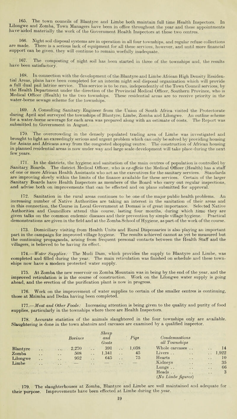 165. The^ town councils of Blantyre and Limbe both maintain full time Health Inspectors. In Lilongwe and Zomba, Town Managers have been in office throughout the year and these appointments have aided materially the work ol the Government Health Inspectors at these two centres. 166. Night soil disposal systems are in operation in all four townships, and regular refuse collections .are made. There is a serious lack of equipment for all these services, however, and until more financial support can be given, they will continue to remain woefully inadequate. 167. Ihe composting ol night soil has been started in three of the townships ami, the results have been satisfactory. 16S. In connection with the development of the Blantyre and Limbe African High Density Residen¬ tial Areas, plans have been completed for an interim night soil disposal organization which will provide •a full dual pail latrine service. This service is to be run, independently of the Town Council services, by the Health Department under the direction of the Provincial Medical Officer, Southern Province, who is Medical Officer (Health) to the two townships. These residential areas are to receive priority in the water-borne sewage scheme for the townships. 169. A Consulting Sanitary Engineer from the Union of South Africa visited the Protectorate during April and surveyed the townships of Blantyre, Limbe, Zomba and Lilongwe. An outline scheme for a water-borne sewerage for each area was prepared along with an estimate of costs. The Report was submitted to Government in August. 170. The overcrowding in the densely populated trading area of Limbe was investigated and brought to light an exceedingly serious and urgent problem which can only be solved by providing housing for Asians and Africans away from the congested shopping centre. The construction of African housing in planned residential areas is now under way and large scale development will take place during the next few years. 171. In the districts, the hygiene and sanitation of the main centres of population is controlled by Sanitary Boards. The district Medical Officer, who is ex-officio the Medical Officer (Health) has a staff of one or more African Health Assistants who act as the executives for the sanitary services. Standards are improving slowly within the limits of the finance available for these services. Certain of the larger Sanitary Boards have Health Inspectors as members of the Board who carry out regular inspections, and advise both on improvements that can be effected and on plans submitted for approval. 172. Sanitation in the rural areas continues to be one of the major public health problems. An increasing number of Native Authorities are taking an interest in the sanitation of their areas and in this connection, the Course in Local Government at Domasi is of great importance. Selected Native Authorities and Councillors attend this course, lasting four months, during which time they are given talks on the common endemic diseases and their prevention by simple village hygiene. Practical demonstrations are given in the field and at the Zomba School of Hygiene, as part of the work of the course. 173. Domiciliary visiting from Health Units and Rural Dispensaries is also playing an important part in the campaign for improved village hygiene. The results achieved cannot as yet be measured but the continuing propaganda, arising from frequent personal contacts between the Health Staff and the villagers, is believed to be having its effect. 174. —Water Supplies: The Mudi Dam, which provides the supply to Blantyre and Limbe, was completed and filled during the year. The main reticulation was finished on schedule and these town¬ ships now have a modern protected water supply. 175. At Zomba the new reservoir on Zomba Mountain was in being by the end of the year, and the improved reticulation is in the course of construction. Work on the Lilongwe water supply is going ahead, and the erection of the purification plant is now in progress. 176. Work on the improvement of water supplies to certain of the smaller centres is continuing, those at Mzimba and Dedza having been completed. 177.—Meat and Other Foods: Increasing attention is being given to the quality and purity of food supplies, particularly in the townships where there are Health Inspectors. 178. Accurate statistics of the animals slaughtered in the four townships only are available. .Slaughtering is done in the town abatoirs and carcases are examined by a qualified inspector. Blantyre Zomba Lilongwe Limbe Sheep Bovines and Pigs Condemnations Goats all Townships 2,270 391 1,038 Whole carcases .. 14 508 .. 1,341 45 Livers .. 1,922 952 645 75 Hearts 10 — — — Kidneys 35 Lungs 66 Heads .. 3 {No Limbe figures) 179. The slaughterhouses at Zomba, Blantyre and Limbe are well maintained and adequate for their purpose. Improvements have been effected at Limbe during the year.