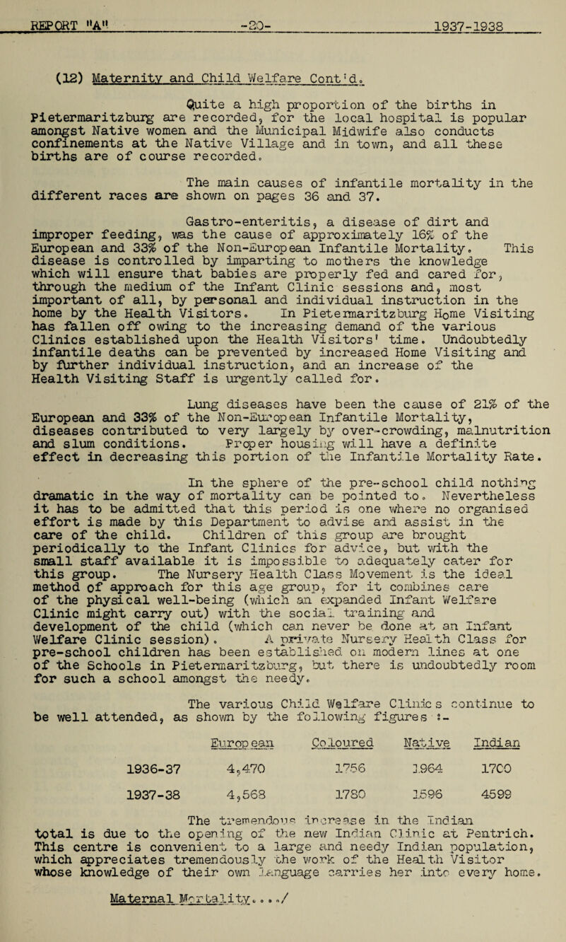 (12) Maternity and Child Welfare Cont;d, Quite a high, proportion of the births in Pietermaritzburg are recorded, for the local hospital is popular amongst Native women and the Municipal Midwife also conducts confinements at the Native Village and in town, and all these births are of course recorded. The main causes of infantile mortality in the different races are shown on pages 36 and 37. Gastro-enteritis, a disease of dirt and improper feeding, was the cause of approximately 16% of the European and 33% of the Non-European Infantile Mortality, This disease is controlled by imparting to mothers the knowledge which will ensure that babies are properly fed and cared for, through the medium of the Infant Clinic sessions and, most important of all9 by personal and individual instruction in the home by the Health Visitors, In Pietermaritzburg Home Visiting has fallen off owing to the increasing demand of the various Clinics established upon the Health Visitors* time. Undoubtedly infantile deaths can be prevented by increased Home Visiting and by further individual instruction, and an increase of the Health Visiting Staff is urgently called for. Lung diseases have been the cause of 21% of the European and 33% of the Non-European Infantile Mortality, diseases contributed to very largely by over-crowding, malnutrition and slum conditions. Proper housing will have a definite effect in decreasing this portion of the Infantile Mortality Rate. In the sphere of the pre-school child nothing dramatic in the way of mortality can be pointed to. Nevertheless it has to be admitted that this period is one where no organised effort is made by this Department to advise and assist in the care of the child. Children of this group are brought periodically to the Infant Clinics for advice, but with the small staff available it is impossible to adequately cater for this group. The Nursery Health Class Movement is the ideal method of approach for this age group, for it combines care of the physical well-being (which an expanded Infant Welfare Clinic might carry out) with the social training and development of the child (which can never be done at an Infant Welfare Clinic session). A private Nursery Health Class for pre-school children has been established on modern lines at one of the Schools in Pietermaritzburg, but there is undoubtedly room for such a school amongst the needy. The various Child Welfare Clinics continue to be well attended, as shorn by the following figures s- Eurppean Coloured Native Indian 1936- 37 4,4.70 1756 1964 17C0 1937- 38 4,568 1780 1596 4599 The tremendous increase in the Indian total is due to the opening of the new Indian Clinic at Pentrich. This centre is convenient to a large and needy Indian population, which appreciates tremendously che work of the Health Visitor whose knowledge of their own .language carries her into every home. Maternal Mor-tality., •,/