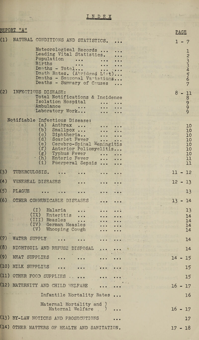 INDEX REPORT A PAGg (1) NATURAL CONDITIONS AND STATISTICS. ... Meteorological Records ... Leading Vital Statistics. Population Births Deaths - Total... ... . Death Rates. (Abridged List) Deaths - Seasonal Variations Deaths - Summary of Causes 1 2 3 3 4 5 6 7 (2) INFECTIOUS DISEASE: 8-11 Total Notifications & Incidence 8 Isolation Hospital ...... 9 Ambulance ... . 9 Laboratory Work... . 9 Notifiable Infectious Disease: (a) Anthrax ... ... ... 10 (b) Smallpox ... 10 (c) Diphtheria.. 10 (d) Scarlet Fever . 10 (e) Cerebro-Spinal Meningitis 10 (f) Anterior Poliomyelitis... 10 (g) Typhus Fever . 10 • (h) Enteric Fever . 11 (i) Puerperal Sepsis . 11 (3) TUBERCULOSIS. 11 - 12 12 - 13 13 13 - 14 13 14 14 14 14 14 (8) NIGHTSOIL AND REFUSE DISPOSAL . 14 (9) MEAT SUPPLIES ... .. 14-15 (10) MILK SUPPLIES . ‘. 15 (11) OTHER FOOD SUPPLIES . , ... . 15 (12) MATERNITY AND CHILD WELFARE .' 16 - 17 Infantile Mortality Rates ... 16 Maternal Mortality and ) Maternal Welfare ) 16 - 17 (13) BY-LAW NOTICES AND PROSECUTIONS ... 17 (14) OTHER MATTERS OF HEALTH AND SANITATION. 17 - 18 (4) VENEREAL DISEASES (5) PLAGUE (6) OTHER COMMUNICABLE DISEASES (I) Malaria ... (II) Enteritis (III) Measles ... (IV) German Measles (V) Whooping Cough (7) WATER SUPPLY