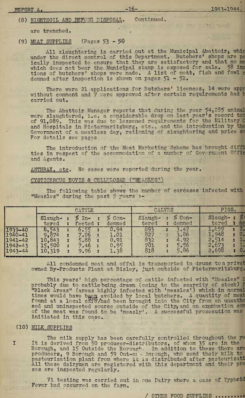 -16- 1943-1944, (8) NIGHTSOIL AND.HSFITaS DISPOSAL, Continued, ■ • . . , * • • ■■ rv *• i' are trenched. (9) MEAT SUPPLIES (Pages 53 - 5$ All slaughtering is carried .put at the Municipal Abattoir, whic under the direct control of this Department. Butchers* shops are pe ically inspected to ensure that they are satisfactory and that no me which does not bear the. Municipal stamp is exposed for.sale. 58 ins tions of butchers* shops were made. A list of meat, fish and fowl c demned after inspection is shown on pages 51 - 52* There were 21 applications for Butchers* licences, 14 were appr without comment and 7 were approved after certain requirements had b carried out. The Abattoir Manager reports that during the year 54,285 animal were slaughtered, i.e. a considerable drop on last year’s record tot of 91,089. This was due to'lessened requirements for the Military C and Hospitals in Pietermaritzburg, etc-., and the introduction by the Government of a meatless day, rationing of slaughtering and price co For details see pages The introduction of the Meat Marketing Scheme has brought diffi ties in respect of the accommodation of a number of Government Offic and Agents, ANTHRAX, etc. No cases Y/ere reported during the year. CYSTICERCUS BOVIS & CELLULOSAE ■(CABLES**) « - / The following table shows the number of carcases infected with Measles during the past 5 years CATTLE CALVES PIGS. Slaugh- s % In- : % Cen¬ tered : fected : demned Slaugh- ; % Con- tered z demned Slaugh- j %( tered 1 den 1939- 40 1940- 41 1941- 42 1942- 43 1943- 44 B7?43 • ZT5T s 0.94 9,874 s 7.06 ! 1.01 10,843 : 5.88 : 0.91 15,500 : 7.46 : 0.95 10,319 s 9.96 : 1.38 S93 • 3.47 ■ 827 ■ : 3.86 832 •. 4;92 701 : 5.56 8l8 : 5-86 1,859 t 2. 1,948 s 0. 2,514 : 1. 2,673 s 1. 2,698 * 0. All condemned meat and offal is transported in drums toaprivat owned By-Products Plant at Bisley, just outside of Pietermaritzburg, This years* high percentage of cattle infected with Measles i probably due to cattle being.drawn (owing to the scarcity of stock) f Black Areas (areas highly infected with ’measles*) which in normal times would have been avoided by local butchers. A quantity of meat found at a local carevhad been brought into the City from an unautho sod and uninspected source outside :of the City, and on examination som of the meat was found to be *measly* , A successful prosecution was initiated in this case-. ■ a (10) MILK SUPPLIES ' ’ . ~■—~——' ————— ’ 1 • .1. ‘. r .; : . s , . f f. r j“ The milk supply has been carefully controlled throughout the ye I It is derived from 50 producer-distributors, of whom 35 are in the Borough, and 15 Outside the Borough* In addition to these there are producers, 9 Borough and 59 Out-oi - Borough, who send their milk to pasteurization plant from where it is distributed after pasteurizati /ill these dairymen are- registered with this department and their pre ses are inspected regularly. Vi testing was carried out in one Dairy where a case of Typhoid Fever had occurred on the farm, t . t t t t * 1 • • y v * ■* ■» 4 < a / OTHER FOOD SUPPLIES ..