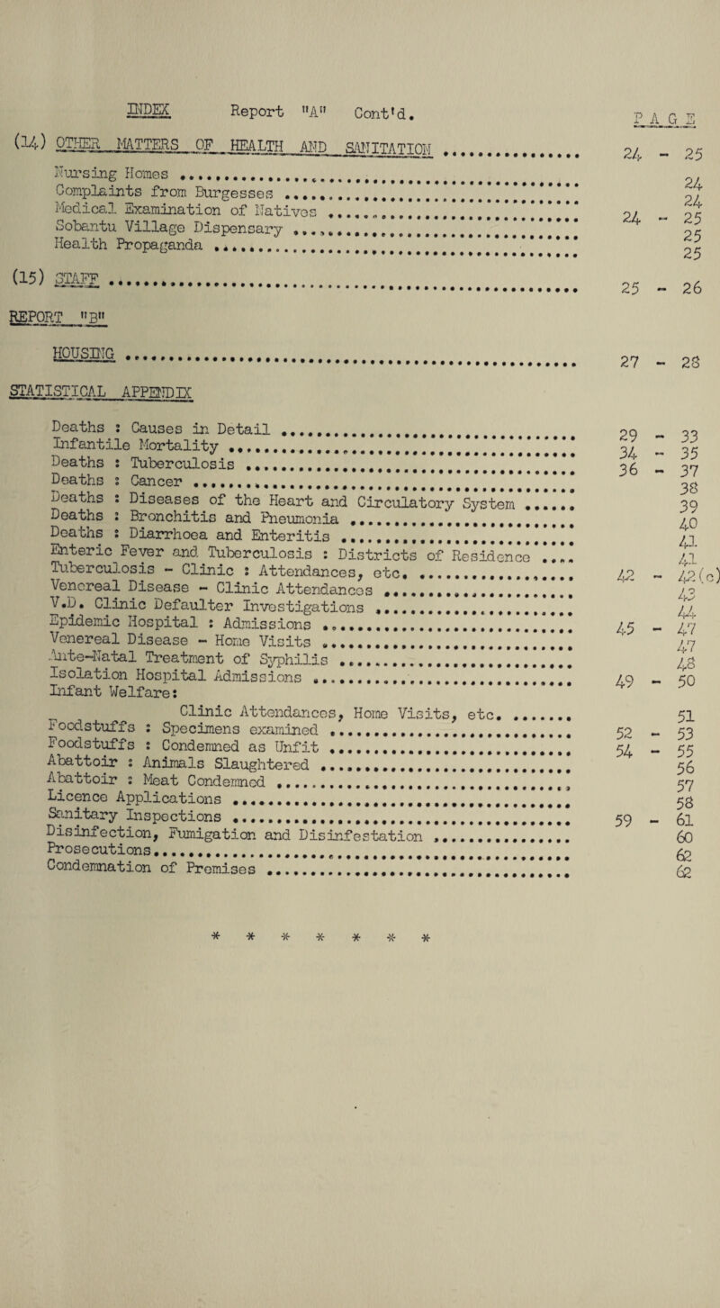 Cont’d. (14) .OTHER matters of hf.at.th ahd sahitatioh • ••••••• Nursing Homes ..,.,., Complaints from Burgesses .... Medical Examination of Natives Sobantu Village Dispensary ».. Health Propaganda .. (15) STAFF REPORT »BW HOUSING. STATISTICAL APPENDIX PAGE 24 - 25 24 24 24 » 25 25 25 25 - 26 27 - 28 Deaths : Causes in Detail.. Infantile Mortality ... Deaths : Tuberculosis . Deaths s Cancer..... #. Deaths : Diseases of the Heart and Circulatory System •••.•• Deaths : Bronchitis and Pneumonia ...... Deaths : Diarrhoea and Enteritis...!!!!!!!!!!! Enteric Fever and Tuberculosis : Districts of Residence*!!!! Tuberculosis - Clinic : Attendances, etc.. Venereal Disease - Clinic Attendances .!.!!!! V.jj, Clinic Defaulter Investigations .... Epidemic Hospital : Admissions ..!!!!! Venereal Disease - Home Visits .!.!!!!!!!!! Ante—Natal Treatment of Syphilis .... Isolation Hospital Admissions ....... Infant Welfare: Clinic Attendances, Home Visits, etc. .. i'ood.stuffs : Specimens examined ..... Foodstuffs : Condemned as Unfit.!..!.!!!! Aoattoir : Animals Slaughtered ...•••••.... Abattoir 2 Meat Condemned ......... Licence Applications ........ Sanitary Inspections .. Disinfection, Fumigation and Disinfestation .. Prosecutions ... Condemnation of Premises ... 29 - 33 34 - 35 36 - 37 38 39 40 41 42 — 42 ( c) 44 45  47 47 48 49 - 50 51 52 - 53 54 - 55 56 57 58 59 - 61 60 62 62 * * * * # * *