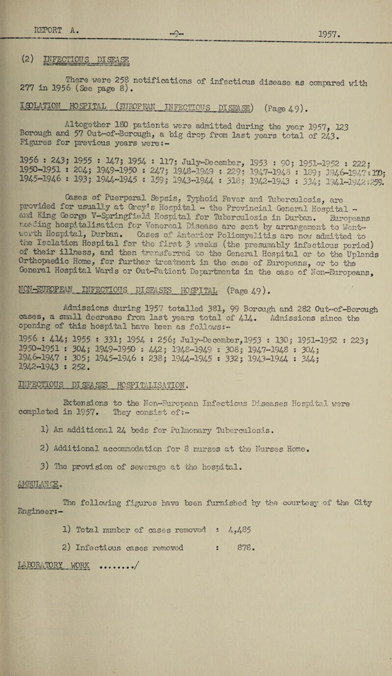 1957. (2) INFECTIOUS DISEASE n . __werG 25B notifications of infectious disease as compared with 277 in 1956 (See page 8). Ij^P.^VTlOH ... HOSPITAL (EUROPEAN . INFECTIOUS DISEASE) (Page 49). Altogether 180 patients were admitted during the year 1957, 123 Borough and 57 Out-of--Borough, a big drop from Last years total of 243. Figures for previous years were;- 1956 ; 243; 1955 2 147| 1954 • 117; July-December, 1953 ; 90; 1951-1952 ; 222? 1950-1951 ; 204; 1949-1950 2 247; 1940-1949 ; 229; 1947-1943 ; 189; 3.946-1947*17); 1945-1946 ; 193; 1944-1945 ; 159; 1943-1944 2 318; 1942-1943 2 334; 1941-1942 s259, Cases of Puerperal Sepsis, Typhoid Fever and Tuberculosis, are provided for usually at Grey’s Hospital - the Provincial General Hospital - and^King George V-Springfield Hospital for Tuberculosis in Durban. Europeans reeling hospitalisation for Venereal Disease are sent by arrangement to Went- worth Hospital, Durban. Cases of Anterior Poliomyelitis are no-; admitted, to the Isolation Hospital for the first 3 weeks (the presumably infectious period) of their illness, and then transferred to the General Hospital or to the Uplands Orthopaedic Home, for further treatment in the case of Europeans, or to the General Hospital Wards or Out-Patient Departments in the case of Non-Europeansp NON-EUROPEAN INFECTIOUS DISEASES HOgPITAI, (Page 49). Admissions during 1957 totalled 331, 99 Borough and 282 Out-of-Borough cases, a small decrease from last years total of 434* Admissions since the opening of this hospital have been as follows 2- 1956 2 4345 1955 2 331; 1954 s 256; July-December, 1953 2 130; 1951-1952 2 223; 1950-1951 2 304; 1949-1950 ; 442; 1948-1949 2 308; 1947-1948 2 304; 1946-1947 ; 305; 1945-1946 2 238; 1944-1945 2 332; 1943-1944 2 3/4; 1942-1943 2 252. INFECTIOUS DISEASES HOSPITALISATION. Extensions to the Non-European Infectious Diseases Hospital were completed in 1957. They consist of 2- 1) An additional 24 beds for Pulmonary Tuberculosis. 2) Additional accommodation for 8 nurses at the Nurses Home. 3) The provision of sewerage at the hospital. AMBULANCE. The following figures have been furnished by the courtesy of the City Engineer; - 1) Total number of cases removed 2) Infectious cases removed 4,435 878. LABORATORY WORK • •••••••