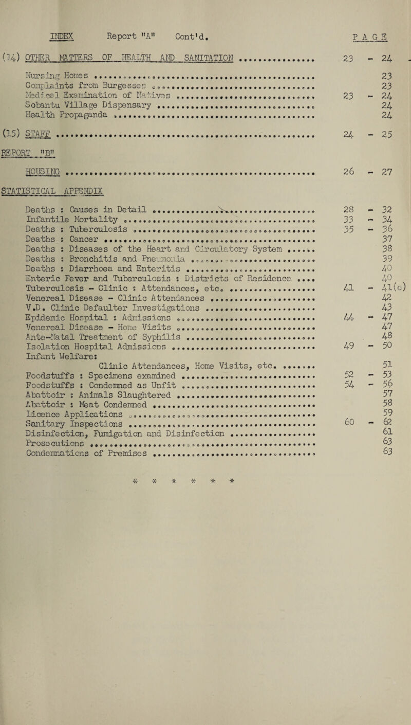 INDEX ■ i n ■ Report A11 Cont’d PAGE 04) OTHER MATTERS OF HEALTH AMD SANITATION. Nursing Home s •.... Complaints from Burgesses ...... Medics 1 Examination of Natives ..». Sobantu Village Dispensary.... Health Propaganda ,.«,...... (15) STAFF .....». REPORT »B» HOUSING STATISTICAL APPENDIX ► ••®*e®©oo#*®eoacf©odor)COtfc>oo a © c © # 9 a • a Deaths • Causes m De oail ...............». ....so©........... Infantile Mortality . • •.. ... •..... ... • e.©..®....*. .......... Deaths : Tuberculosis Deaths : Cancer Deaths : Diseases of the Heart and Circulatory System Deaths ; Bronchitis and Pneumonia • .*.•. Deaths % Diarrhoea and Enteritis .»o •..... Enteric Fever and Tuberculosis : Districts of Residence •••• Tuberculosis - Clinic s Attendances, etc... Venereal Disease - Clinic Attendances • V.D. Clinic Defaulter Investigations ... Epidemic Hospital s Admissions • • ..•.... Venereal Disease - Home Visits <,...,.... Ante-Natal Treatment of Syphilis ..... Isolation Hospital. Admissions .... Infant Welfare: Clinic Attendances, Home Visits, etc. ....... Foodstuffs : Specimens examined..... Foodstuffs : Condemned as Unfit .... 0 ©. • •. Abattoir % Animals Slaughtered .. Abattoir : Meat Condemned ...........• • Licence Applications ® • © • o •........... Sanitary Inspections ...*. 0. „. „ 0 c.... Disinfection, Fumigation and Disinfection .. 1rosecut-Lons ................o...®.....#.................... Condemnations of Premises ....•....... 23 - 24 23 23 23 - 24 24 24 24 - 25 26 - 27 28 - 32 33 - 34 35 - 36 37 38 39 40 41 - 41 (o) 42 43 44 - 47 47 48 49 - 50 51 52 - 53 54 - 56 57 58 59 60-62 61 63 63 ■Jr -X*