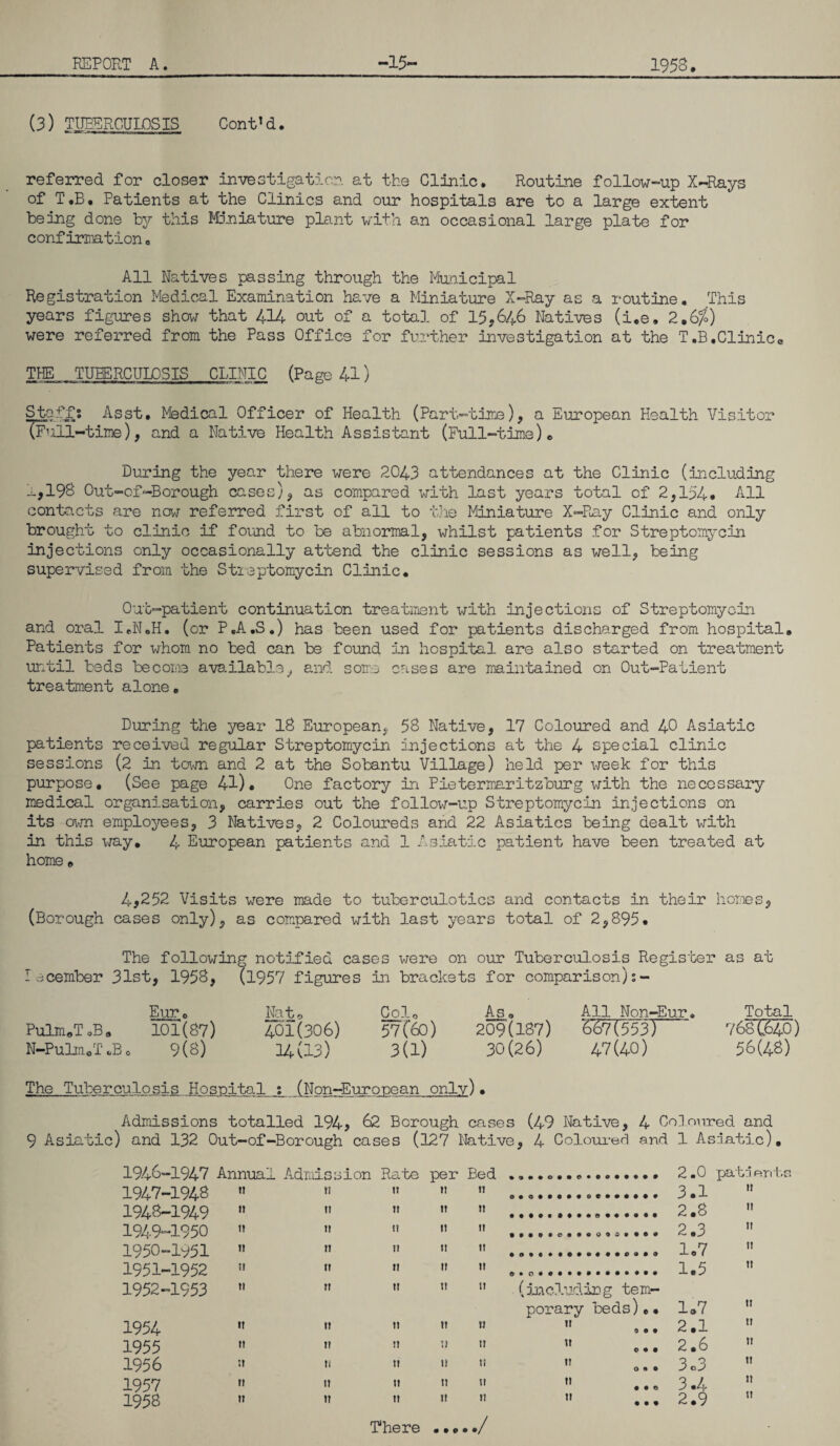 (3) TUBERCULOSIS Cont’d. referred for closer investigat5.cn at the Clinic. Routine follow-up X^lays of T.B. Patients at the Clinics and our hospitals are to a large extent being done by this Miniature plant with an occasional large plate for confirmation • All Natives passing through the Municipal Registration Medical Examination have a Miniature X-Ray as a routine. This years figures show that 414 out of a total of 15,646 Natives (i.e. 2.6$) were referred from the Pass Office for further investigation at the T.B.Clinic. THE TUBERCULOSIS CLINIC (Page 41) Staffs Asst. Medical Officer of Health (Part-time), a European Health Visitor (Full-time), and a Nat5_ve Health Assistant (Full-time). During the year there were 2043 attendances at the Clinic (including 1,198 Out-of-Borough cases), as compared with last years total of 2,154. All contacts are now referred first of all to the Miniature X-Ray Clinic and only brought to clinic if found to be abnormal, whilst patients for Streptomycin injections only occasionally attend the clinic sessions as well, being supervised from the Streptomycin Clinic. Out-patient continuation treatment with injections of Streptomycin and ora]. I.N.H. (or P.A.S.) has been used for patients discharged from hospital. Patients for whom no ted can be found in hospital are also started on treatment until beds become available, and some cases are maintained on Out-Patient treatment alone. During the year 18 European, 58 Native, 17 Coloured and 40 Asiatic patients received regular Streptomycin injections at the 4 special clinic sessions (2 in town and 2 at the Sobantu Village) held per week for this purpose. (See page 41). One factory in Pietermaritzburg with the necessary medical organisation, carries out the follow-up Streptomycin injections on its own employees, 3 Natives, 2 Coloureds and 22 Asiatics being dealt with in this way. 4 European patients and 1 Asiatic patient have been treated at home. 4,252 Visits were made to tuberculotics and contacts in their homes, (Borough cases only), as compared with last years total of 2,895. The following notified cases were on our Tuberculosis Register as at lecember 31st, 1958, (1957 figures in brackets for comparison):- Euro Nato Col0 As a All Non-Eur. Total Pulm.T oB„ 101(87) 401(306) 57f6o) 209(187) 667(553) 7686640) N-Pulm.ToB 0 9(8) 14(13) 3(1) 30(26) 47(40) 56(48) The Tuberculosis Hospital % (Non-Eurocean only)• Admissions totalled 194, 62 Borough cases (49 Native, 4 Coloured and 9 Asiatic) and 132 Out-of-Borough cases (127 Native, 4 Coloured and 1 Asiatic), 1946- 1947 1947- 1948 1948- 1949 1949- 1950 1950- 1951 1951- 1952 1952- 1953 Annual Admi n 11 ti I! II II ssion Rate pex* Bed !i It II II It It II It II II It 11 II It It II II il 1954 1955 1956 1957 1958 tl II II II It It It It n n it tt tt 1! it tt it n it tt There ••••./ o • • c o • o o 9 9 9 9 * 999AQ999999 0 0 9 0 • 90999990999 (including tem¬ porary beds).• it it IT II I! 0 9 9 0 9 9 0 9 9 9 9 0 9 9 9 2.0 3.1 2.8 2.3 1.7 1.5 patients it it n tt it 1.7  2.1  2.6  3o3 n