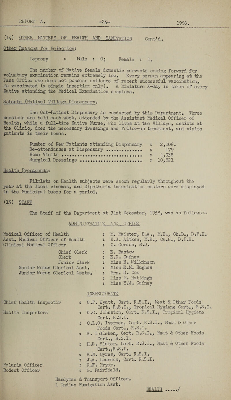 1958. (14) OTHER MATTERS OF HEALTH AND SANITATION Cont!d. Other Reasons for Rejections Leprosy % l&le ; 0; Female s 1. The number of Native female domestic servants coming forward for voluntary examination remains extremely low. Every person appearing at the Pass Office who does not possess evidence of recent successful vaccination, is vaccinated (a single insertion only). A Miniature X-Ray is taken of every Native attending the Medical Examination sessions. Sofcantu (Native) Village Dispensary. The Out-Patient Dispensary Is conducted by this Department. Three sessions are held each week, attended by the Assistant Medical Officer of Health, while a full-time Native Nurse, who lives at the Village, assists at the Clinic, does the necessary dressings and follow-up treatment, and visits patients in their homes. Number of New Patients attending Dispensary : 2,108. Re-attendances at Dispensary . s 179 Home Visits .... : 1,938 Surgical Dressings .. : 10,821 Health Propaganda; Filmlets on Health subjects were shown regularly throughout the year at the local cinemas, and Diphtheria Immunisation posters were displayed in the Municipal buses for a period. (15) STAFF The Staff of the Department at 31st December, 1958, was as follows AD MI Ml SVRATPE 1ND OFFICE Medical Officer of Health Asst. Medical Officer of Health Clinical Medical Officer Chief Clerk Clerk Junior Clerk Senior Woman Clerical Asst. Junior Woman Clerical Assts. M. Maister, B.A., M.B., Ch.B,, D.P.H. K.J. Aitken, M.B., Ch.B., D.P.H. C. Gordon, M.D. E. Bastow E .D. Gafney Miss N. Wilkinson Miss E.M. Hughes Mrs. D. Cox Miss M. Hattingh Miss Y.W. Gafney INSPECTORATE Chief Health Inspector Health Inspectors Malaria Officer Rodent Officer : C.F. Wyatt, Cert. R.S.I., Meat & Other Foods Cert. R.S.I., Tropical Hygiene Cert., R.S.I, : D.C. Johnston, Cert. R.S.I., Tropical Hygiene Cert. R.S.I. • C.L.O. Iversen, Cert. R.S.I,, Meat & Other Foods Cert., R.S.I. % S. Tulleken, Cert. R.S.I., Meat & Other Foods Cert., R.S.I. : HIE. Slater, Cert. R.S.I., Meat & Other Foods Cert .,R.S .1. % R,N. Byres, Cert. R.S.I. 1 J.A. Lourens, Cert. R.S.I* % R.F. Fryer. s G. Fairfield. Handyman & Transport Officer. 1 Indian Fumigation Asst. HEALTH ...../