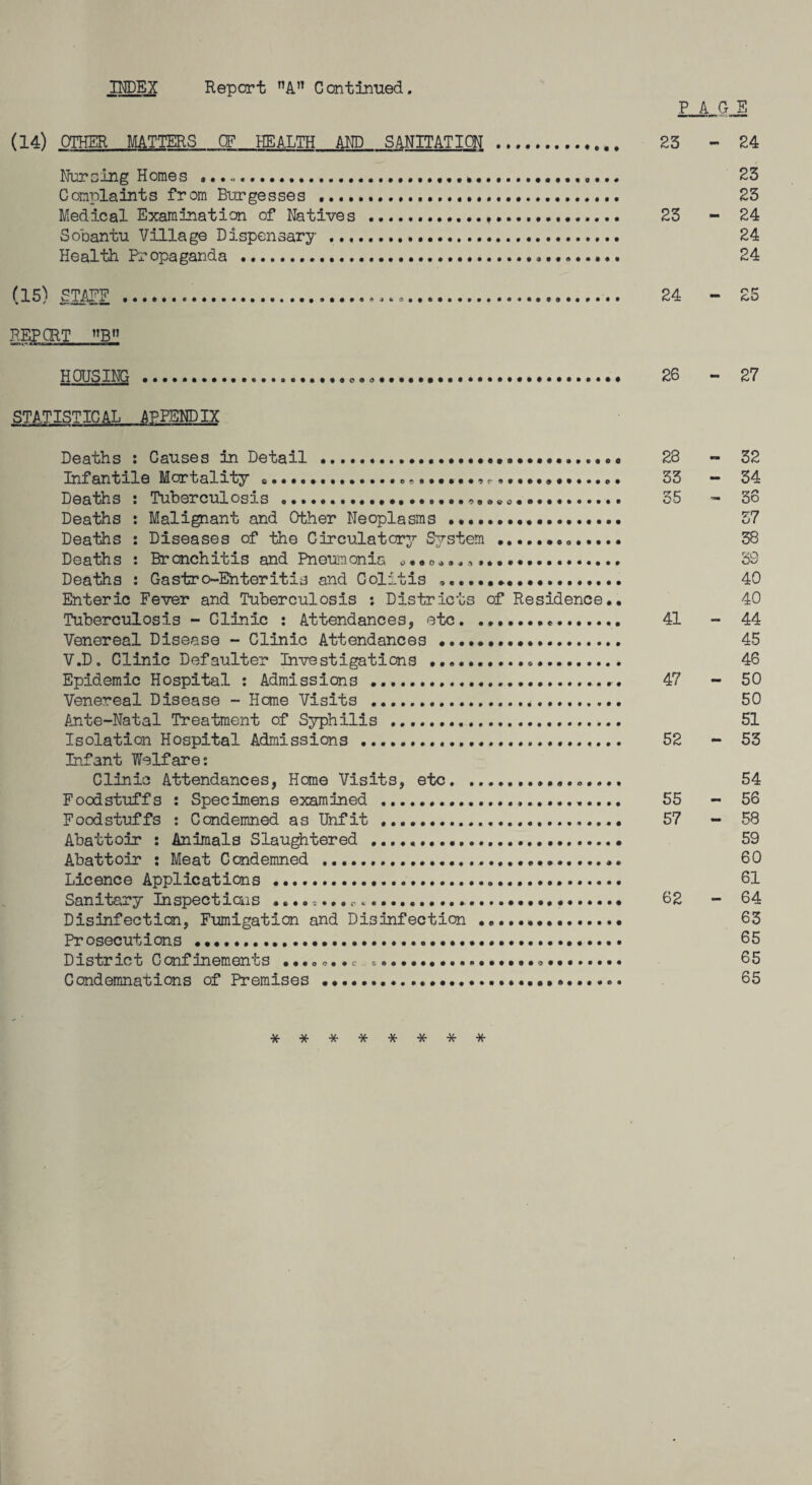 INDEX Report nAn Continued. PAGE (14) OTHER MATTERS CF HEALTH AND SANITATION . 23 - 24 Nursing Homes ,........ 23 Conplaints from Burgesses .... 23 Medical Examination of Natives . 23 - 24 Sobantu Village Dispensary ... 24 Health Propaganda ...... 24 (15) STAFF . 24 - 25 REP CRT »B» HOUSING . 26 - 27 STATISTICAL APPENDIX Deaths : Causes in Detail . 23 - 32 Infantile Mortality 0....... 33 - 34 Deaths : Tuberculosis .. 35 - 36 Deaths : Malignant and Other Neoplasms ... 57 Deaths : Diseases of the Circulatory System .. 38 Deaths : Bronchitis and Pneumonia ... 39 Deaths : Gastro-Ehteritis and Colitis .. 40 Enteric Fever and Tuberculosis : Districts of Residence.. 40 Tuberculosis - Clinic : Attendances, etc. 41 - 44 Venereal Disease - Clinic Attendances ... 45 V.D. Clinic Defaulter Investigations ... 46 Epidemic Hospital : Admissions . 47 - 50 Venereal Disease - Home Visits .... 50 Ante-Natal Treatment of Syphilis . 51 Isolation Hospital Admissions . 52 - 53 Infant Welfare: Clinic Attendances, Home Visits, etc.. 54 Foodstuffs : Specimens examined . 55 - 56 Foodstuffs : Condemned as Unfit . 57 - 58 Abattoir : Animals Slaughtered ..... 59 Abattoir : Meat Ccondemned ...... 60 Licence Applications ..... 61 Sanitary Inspections ....... ... 02 - 64 Disinfection, Fumigation and Disinfection ... 63 Prosecutions ...... 05 District Confinements • ••.<,•• c. ... *. 65 Condemnations of Premises ..... 65 ********