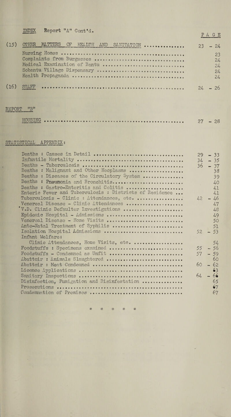 INDEX Report A Cont’d. (15) OTHER MATTERS OF HEALTH AND SANITATION .. ao«oo©ooooooeoocooococ»oooooo Nursing Homes Complaints from Burgesses ....o.». . ..«».». .,. . ...... 0 „.,.. e . Medical Examination of Bantu ..... ..<>..... ....,.. „. „. 0,. Sobantu Village Dispensary .... .....». ...... „,. . . „ „ 0 „ Health Propaganda o © © © o • o e e> O 9 • O 0 • OOO«OOOOO4OOO««OOOOoe«COO0©Q«OO«OO9OOOOOO (16) STAFF .. 0 0 0 * 0 0 OOOOOOOOCOOOOOOOOOOOOcOOOOOOOoOOOOO-OO PACE 23 - 24 23 24 24 24 24 24 - 26 REPORT B HOUSING .O.O.O..0.OOOOQ.3c.OOOOOO&OOOOOO.O......o..eOo.O.o. 27 28 STATISTICAL APPENDIX; Deaths : Causes in Detail ........ 29 - Infantile Mortality .......ooa.ooo««ooo.o..........00.000.. 34 Deaths — Tuberculosis «.o.*oo.....o.............00..ooo..00 36 Deaths s Malignant and Other Neoplasms .................... Deaths s Diseases of the Circulatory System ............... Deaths : Pneumonia and Bronchitis.......................... Deaths s Gastro-Enteritis and Colitis ... Enteric Fever and Tuberculosis : Districts of Residence ... Tuberculosis - Clinic 5 Attendances, etc. ................. 42 Venereal Disease - Clinic Attendances ..................... *V.D. Clinic Defaulter Investigations ... Epidemic Hospital - Admissions ................... *........ Venereal Disease — Home Visios ooooo.o...oo.ooooooo.oo«..o. Ante-Natal Treatment of Syphilis .......................... Isolation Hospital Admissions ....o.«....o.00....o......... Infant Welfares Clinic Attendances, Home Visits, etc.. Foodstuffs s Specimens examined ........................... Foodstuffs - Condemned as Unfit ........................... Abattoir s Animals Slaughtered ............................ Abattoir s Meat Condemned .. .00000..... .o ...o.............. 60 Licence Applications ooooooo.oo.o..v.o..ooeooo.oo*..©.oo.©® Samoary Inspections oo»oo..o».oo.o..oo.ooco.ooooo...«.o... 64 Disinfection, Fumigation and Disinfestation ............... PrOSeCUtions .. 000000. 000. »oo.«.eo....eooo.*«ooo...o.ooe... Condemnation of Premises ..o...oe........oo. 52 - 55 57 33 35 37 38 39 40 41 41 46 47 48 49 50 51 53 54 56 59 60 62 43 64 65 47 67 * * * *