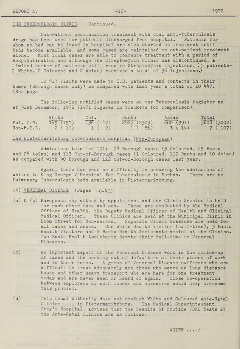THE TUBERCULOSIS CLINIC Continued. Out-Patient continuation treatment with oral anti-tuberculosis drugs has been used for patients discharged from hospital. Patients for whom no bed can be found in hospital are also started on treatment until beds become available, and some cases are maintained on out-patient treatment alone. Most local cases are able to commence treatment with a period of hospitalisation and although the Streptomycin Clinic was discontinued, a limited number of patients still receive Streptomycin injections, (5 patients- 0- White, 2 Coloured and 2 Asian) received a total of 96 injections.) 1C 713 Visits were made to T.B. patients and contacts in their homes (Borough cases only) as compared with last year's total of 1C 447« (See page The following notified cases were on our Tuberculosis register as at 31st December, 1972 (1971 figures in brackets for comparison): White Col. Bantu Asian Total Pul. T.B. 143 (130) 13^ (147) 2927 (23C9) 6CC (391) 3^0y (30C2) Non-P»T.B. 2 ( 1C) 1(2) 1 ( 36) 3 ( l4) 7 ( 107) The Pietermaritzburg Tuberculosis Hospital (Non-European) Admissions totalled I9I; 78 Borough cases (3 Coloured, 43 Bantu and 28 Asian) and 113 Cut-of-Borough cases (1 Coloured, 1C2 Bantu and 1C Asian) as compared with 90 Borough and 112 Cut-of-Borough cases last year. Again, there has been no difficulty in securing the admissions of Whites to King George V Hospital for Tuberculosis in Durban. There are no Pulmonary Tuberculosis beds available in Pietermaritzburg. (4) VENEREAL DISEASE (Pages 4C-43) (a) 8c (b) Europeans may attend by appointment and one Clinic Session is held for each other race and sex. These are conducted by the Medical Cfficer of Health, the Deputy Medical Cfficer of Health and Clinical Medical Cfficer. These Clinics are held at the Municipal Clinic in Boom Street for Non-Whites. Separate Clinic Sessions are held for all races and sexes. Cne White Health Visitor (half-time), 3 Bantu Health Visitors and 2 Bantu Health Assistants assist at the Clinics. Two Bantu Health Assistants devote their full-time to Venereal Diseases. (c) An important aspect of the Venereal Disease work is the follow-up of cases and the seeking out of defaulters at their places of work and in their homes. A group of Venereal Disease sufferers who are difficult to treat adequately are those who serve on long distance buses and other heavy transport who are here for one treatment today and are never seen or heard of again. Close co-operation between employers of such labour and ourselves would help overcome this problem. (d) This Local Authority does not conduct White and Coloured Ante-Natal Clinics .... in Pietermaritzburg. The Medical Superintendent, Grey's Hospital, advises that the results of routine VDRL Tests at the Ante-Natal Clinics are as follows: WHITE ..../