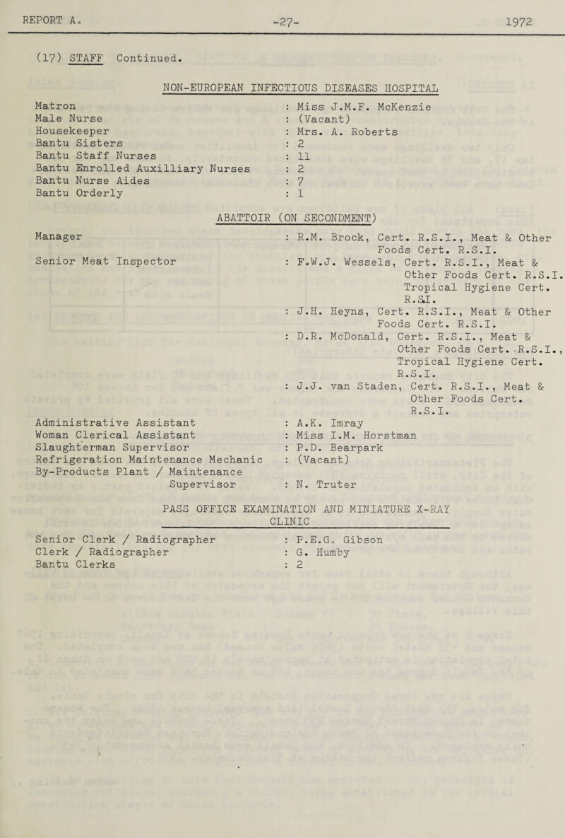-27- 1972 (17) STAFF Continued. NON-EUROPEAN INFECTIOUS DISEASES HOSPITAL Matron Male Nurse Housekeeper Bantu Sisters Bantu Staff Nurses Bantu Enrolled Auxilliary Nurses Bantu Nurse Aides Bantu Orderly Miss J.M.F. McKenzie (Vacant) Mrs. A. Roberts 2 11 2 7 1 ABATTOIR (ON SECONDMENT) Manager Senior Meat Inspector Administrative Assistant Woman Clerical Assistant Slaughterman Supervisor Refrigeration Maintenance Mechanic By-Products Plant / Maintenance Supervisor R.M. Brock, Cert. R.S.I., Meat & Other Foods Cert. R.S.I. F.W.J. Wessels, Cert. R.S.I., Meat & Other Foods Cert. R.S.I. Tropical Hygiene Cert. R.ai. J.H. Heyns, Cert. R.S.I., Meat & Other Foods Cert. R.S.I. D.R. McDonald, Cert. R.S.I., Meat & Other Foods Cert.-R.S.I., Tropical Hygiene Cert. R.S.I. J.J. van Staden, Cert. R.S.I., Meat & Other Foods Cert. R.S.I. A.K. Imray Miss I.M. Horstman P.D. Bearpark (Vacant) N. Truter PASS OFFICE EXAMINATION AND MINIATURE X-RAY CLINIC Senior Clerk / Radiographer Clerk / Radiographer Bantu Clerks P.E.G. Gibson G. Humby 2