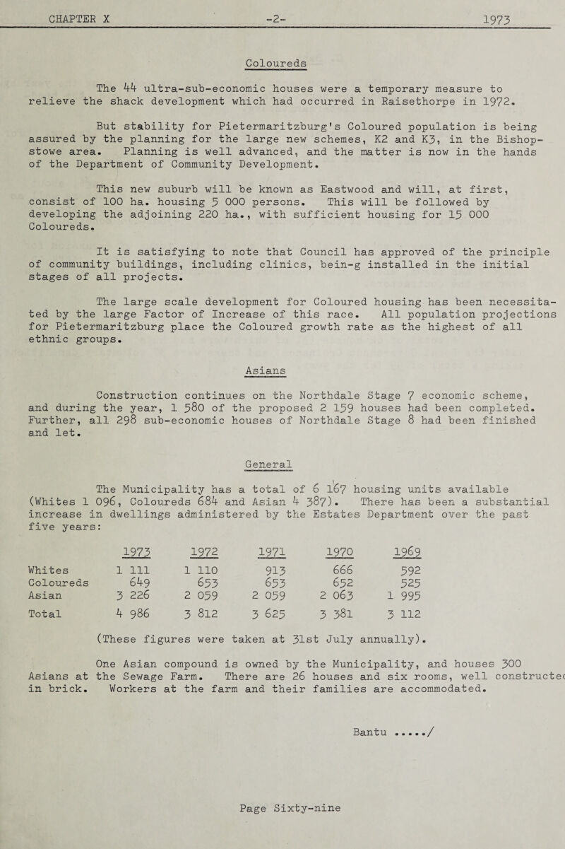 Coloureds The 44 ultra-sub-economic houses were a temporary measure to relieve the shack development which had occurred in Raisethorpe in 1972« But stability for Pietermaritzburg's Coloured population is being assured by the planning for the large new schemes, K2 and K3, in the Bishop- stowe area. Planning is well advanced, and the matter is now in the hands of the Department of Community Development, This new suburb will be known as Eastwood and will, at first, consist of 100 ha. housing 3 000 persons. This will be followed by developing the adjoining 220 ha., with sufficient housing for 13 000 Coloureds, It is satisfying to note that Council has approved of the principle of community buildings, including clinics, bein-g installed in the initial stages of all projects. The large scale development for Coloured housing has been necessita¬ ted by the large Factor of Increase of this race. All population projections for Pietermaritzburg place the Coloured growth rate as the highest of all ethnic groups. Asians Construction continues on the Northdale Stage 7 economic scheme, and during the year, 1 380 of the proposed 2 139 houses had been comipleted. Further, all 298 sub-economic houses of Northdale Stage 8 had been finished and let. General The Municipality has a total of 6 I67 housing units available (Whites 1 096, Coloureds 684 and Asian 4 387)- There has been a substantial increase in dwellings administered by the Estates Department over the past five years: 1973 1972 1971 1970 1969 Whites 1 111 1 110 913 666 392 Coloureds 649 653 653 632 323 Asian 3 226 2 039 2 039 2 063 1 993 Total 4 986 3 812 3 625 3 381 3 112 (These figures were taken at 31st July annually). One Asian compound is owned by the Municipality, and houses 300 Asians at the Sewage Farm, There are 26 houses and six rooms, well constructec in brick. Workers at the farm and their families are accommodated. Bantu./