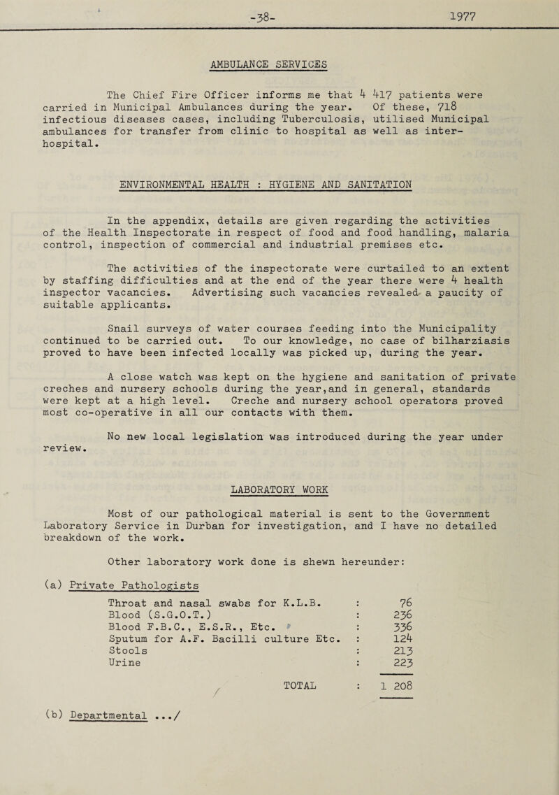 -38- 1977 AMBULANCE SERVICES The Chief Fire Officer informs me that 4 417 patients were carried in Municipal Ambulances during the year. Of these, 718 infectious diseases cases, including Tuberculosis, utilised Municipal ambulances for transfer from clinic to hospital as well as inter¬ hospital. ENVIRONMENTAL HEALTH : HYGIENE AND SANITATION In the appendix, details are given regarding the activities of the Health Inspectorate in respect of food and food handling, malaria control, inspection of commercial and industrial premises etc. The activities of the inspectorate were curtailed to an extent by staffing difficulties and at the end of the year there were 4 health inspector vacancies. Advertising such vacancies revealed a paucity of suitable applicants. Snail surveys of water courses feeding into the Municipality continued to be carried out. To our knowledge, no case of bilharziasis proved to have been infected locally was picked up, during the year. A close watch was kept on the hygiene and sanitation of private creches and nursery schools during the year,and in general, standards were kept at a high level. Creche and nursery school operators proved most co-operative in all our contacts with them. No new local legislation was introduced during the year under review. LABORATORY WORK Most of our pathological material is sent to the Government Laboratory Service in Durban for investigation, and I have no detailed breakdown of the work. Other laboratory work done is shewn hereunder: (a) Private Pathologists Throat and nasal swabs for K.L.B. : 78 Blood (S.G.O.T.) : 236 Blood F.B.C., E.S.R., Etc. : 33& Sputum for A.F. Bacilli culture Etc. : 124 Stools : 213 Urine : 223 TOTAL : 1 208 (b) Departmental .../